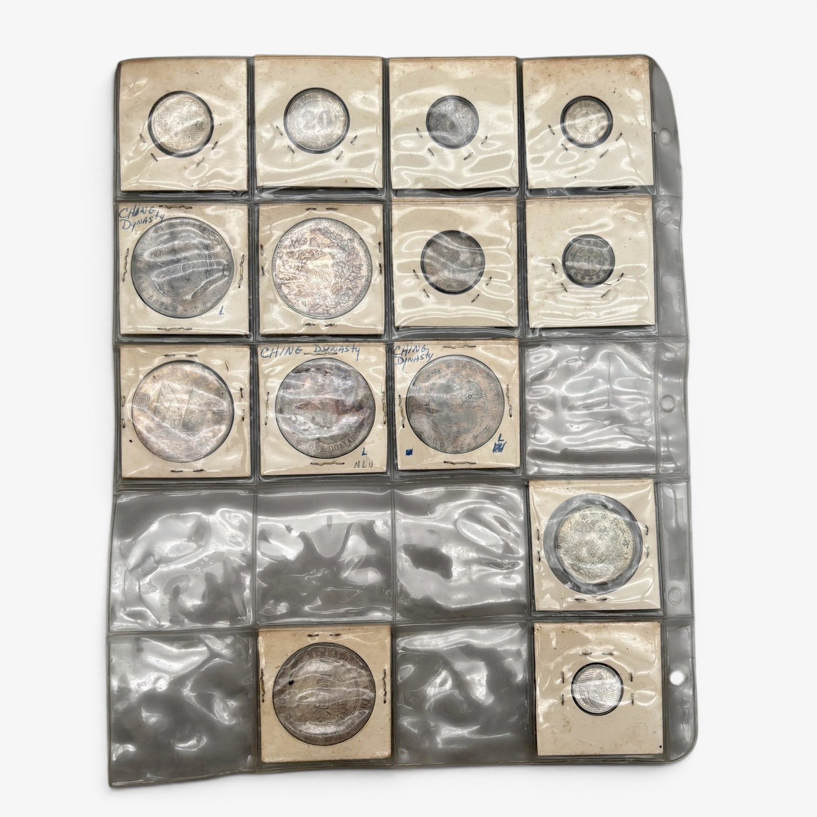 Grouping of Early Chinese Silver Coinage: 14 coins in total. Most struck in silver, varying denominations and years. Early 20th century and late 19th century examples.