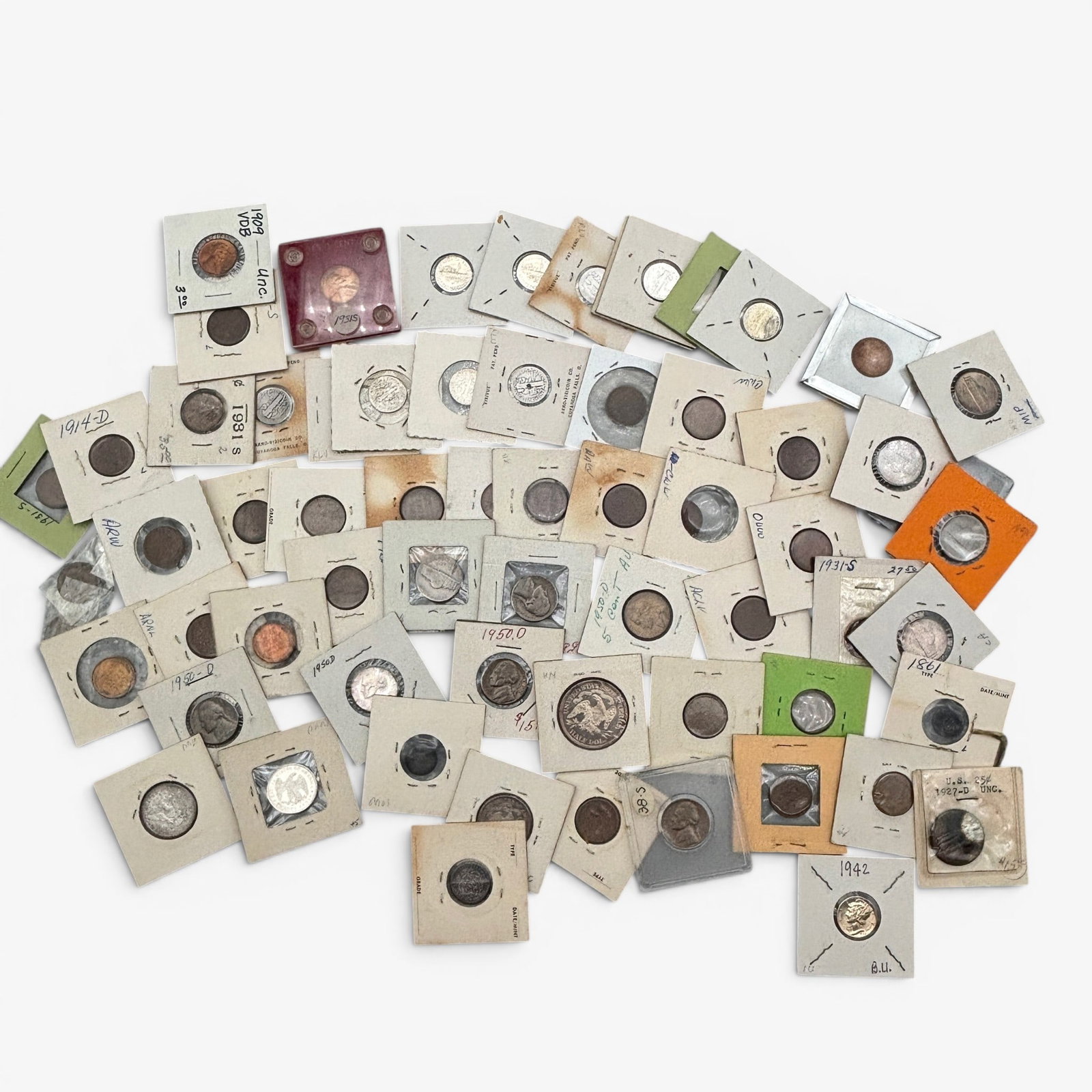 Large Group of Early American Coinage: Most encased in collectors sleeves, nickels, dimes and pennies. Varying dates and conditions.