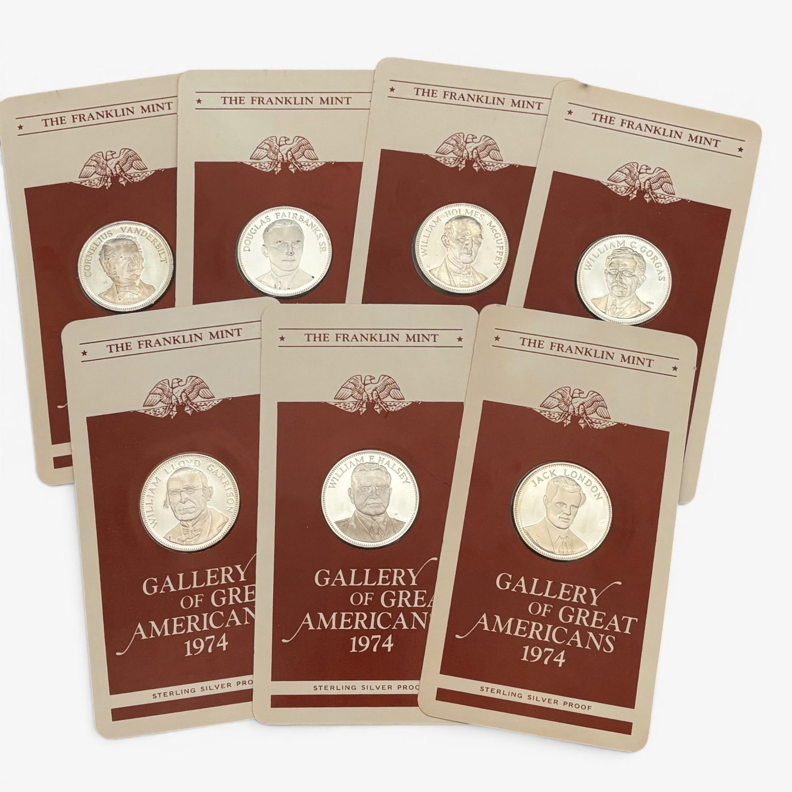 Seven Franklin Mint Sterling Silver Proof Coins: All from the Gallery of Great Americans 1974 series. All in original cases