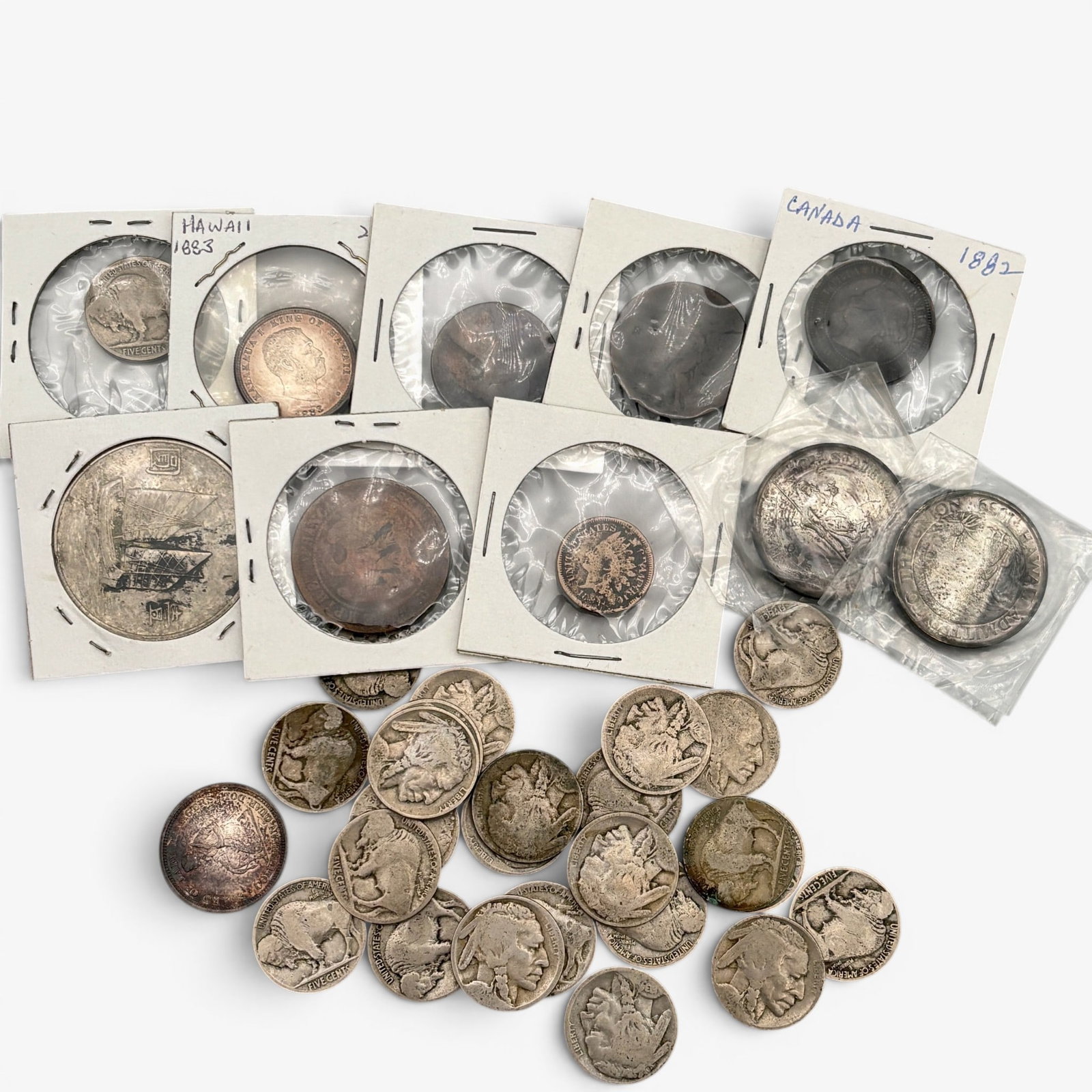 Miscellaneous Coin Grouping: Including a wire rim Columbian quarter dollar, buffalo nickels, two "Admitted to the Union" Hawaii coins, 1959, one smaller 1883 Hawaii coin, one silver Chinese1934 coin and some additional Canadian c