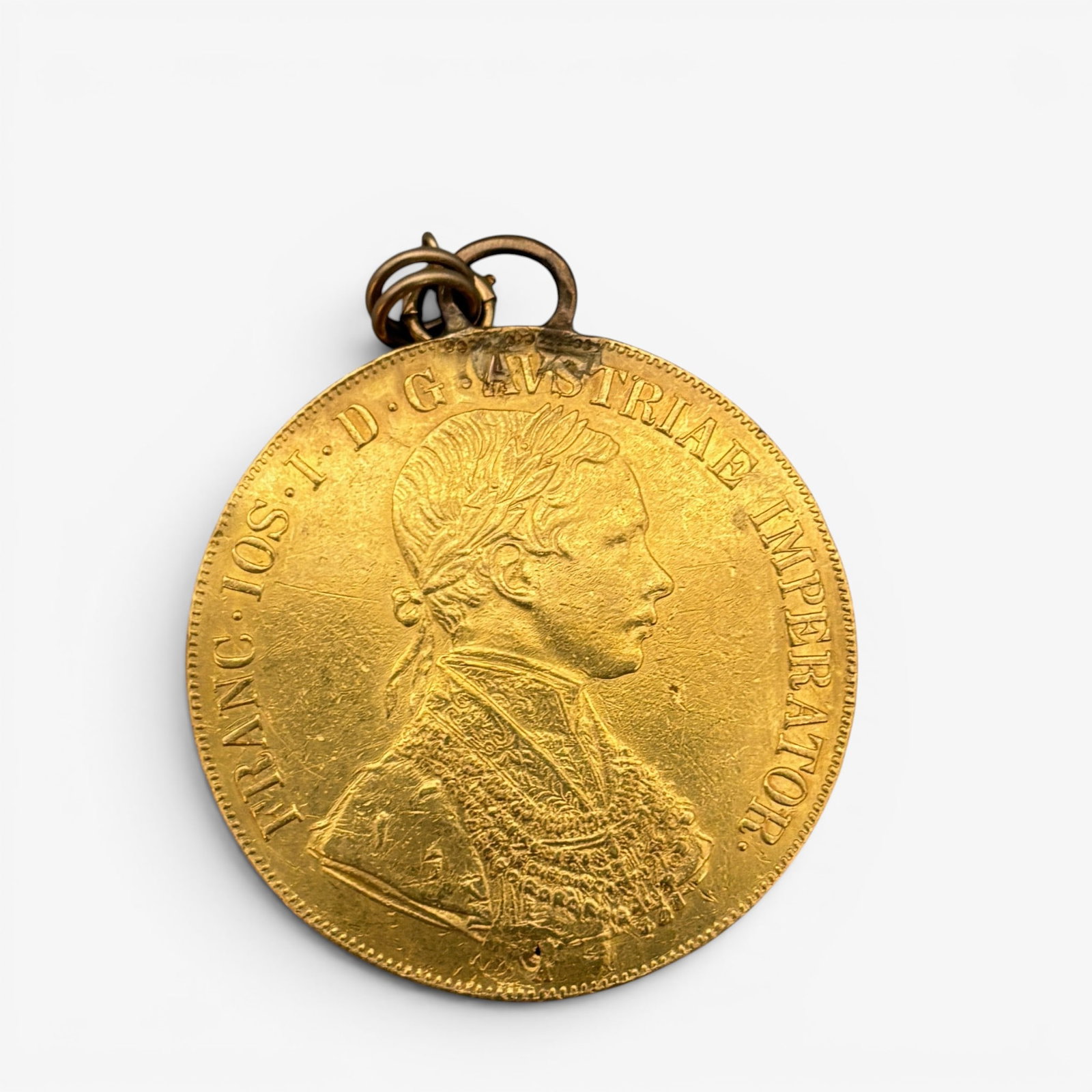 Austrian 4 Ducat Gold Coin with Clasp: Featuring a portrait of Emperor Franz Joseph I. Total weight: .46 troy ounces