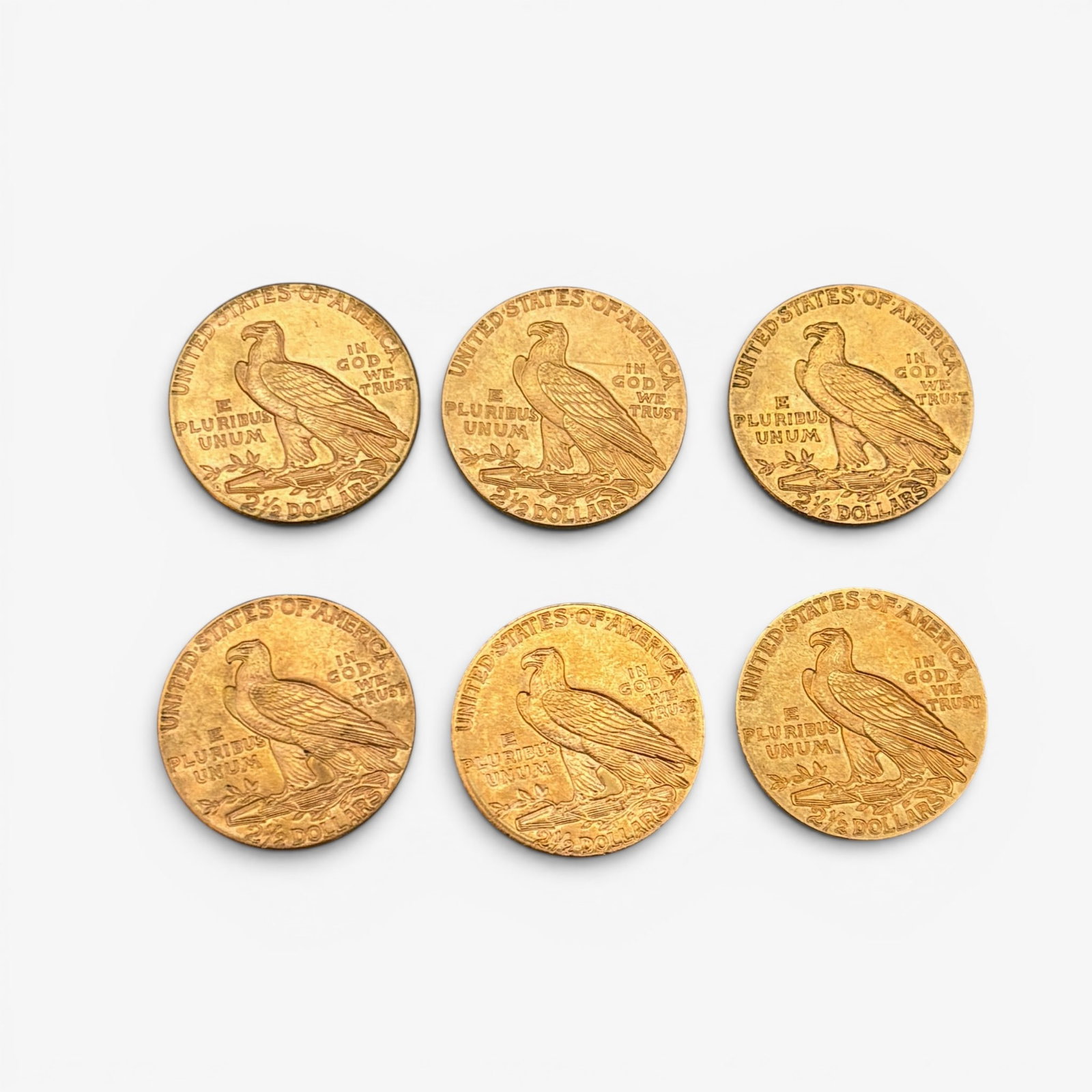Six $2.5 Dollar Indian Head Gold Coins: Dates are: 1910, 1919, 1925, 1910, 1927 and 1920