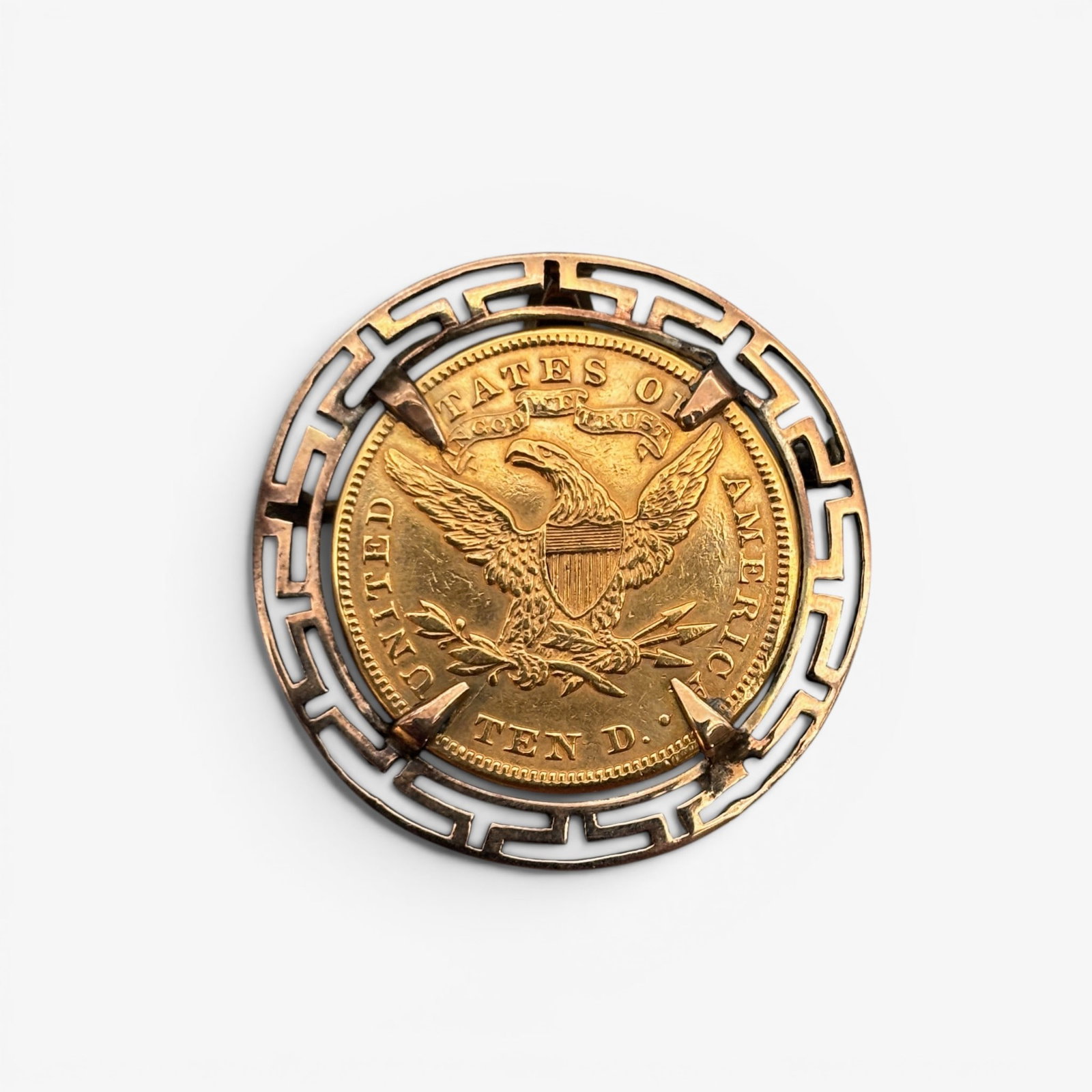 1880 $10 Gold Coin with 14K Bezel for Necklace: An 1880 ten dollar gold piece wrapped with 14k gold bezel and clasp. Total weight: .66 troy ounces