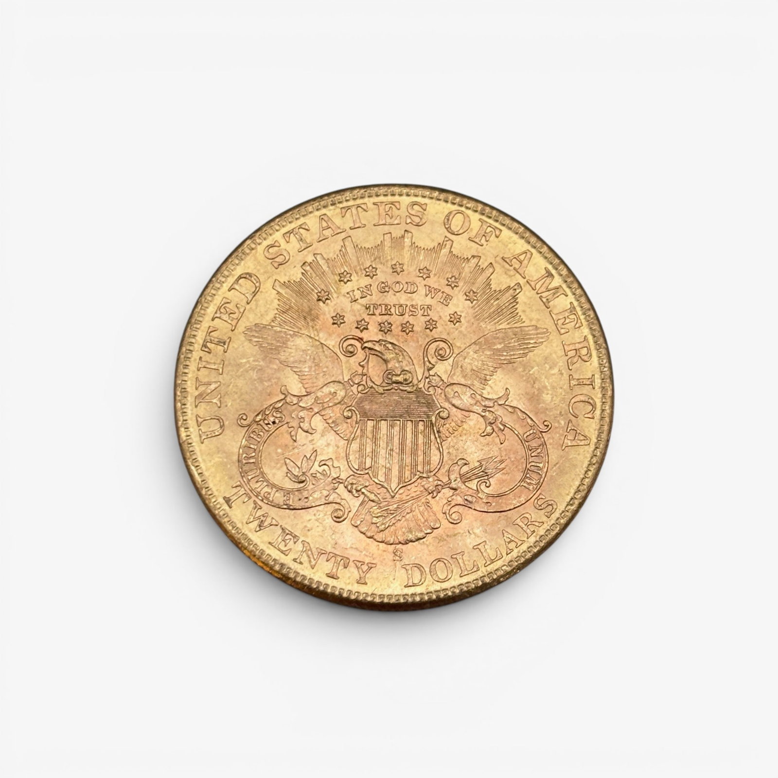 1904-S $20 Gold Piece: American 1904 $20 Liberty coin, housed in a collector's sleeve.