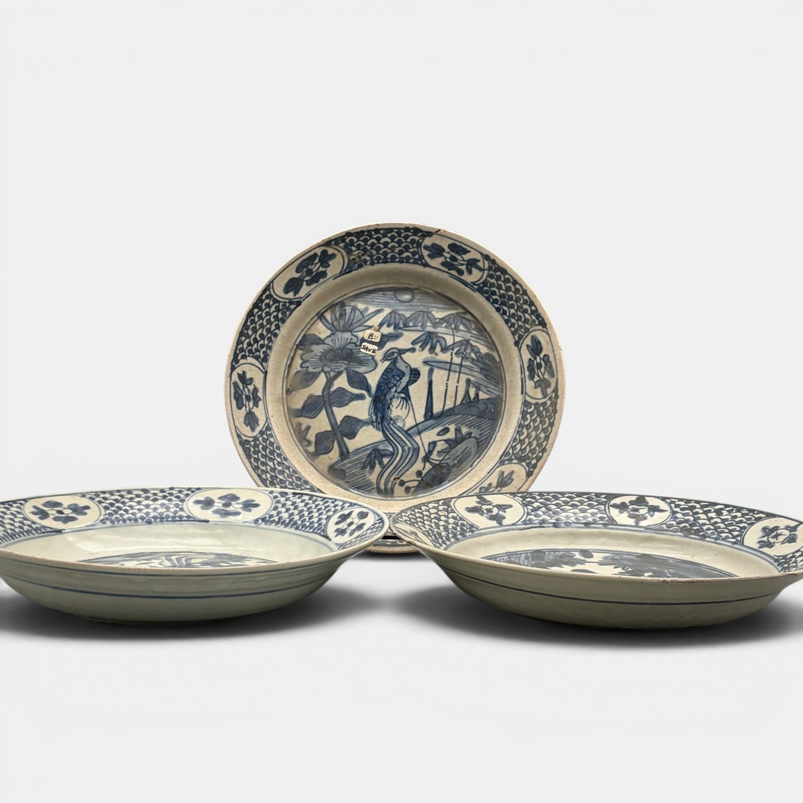Group of 3 Swatoe Ming Blue and White Dishes: Each Ming, three dishes with crane designs in intertior center. Largest diameter: 11.75"