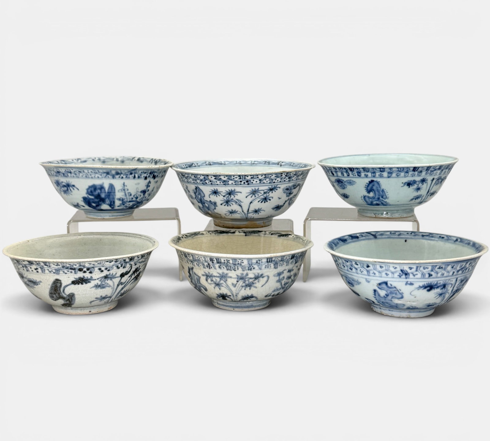 Group of 6 Ming Blue and White Bowls: All with similar forms of decoration, with variation. Largest diameter: 6.75"