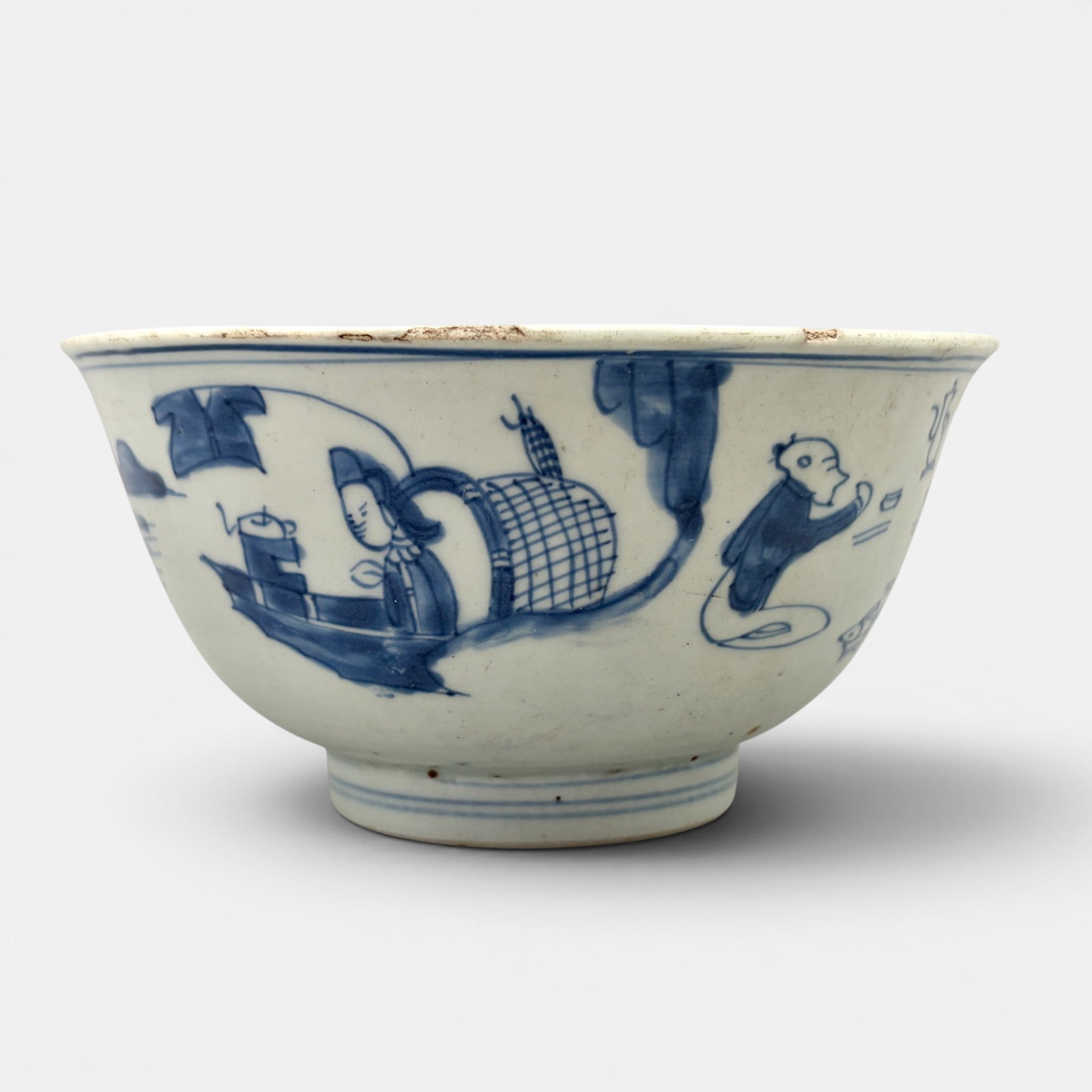 Ming Blue and White Bowl: Late Ming period, a bowl with children and a boating scene to the body, double ring to underside along with likely shop mark. Ht. 3", diameter 5.75".