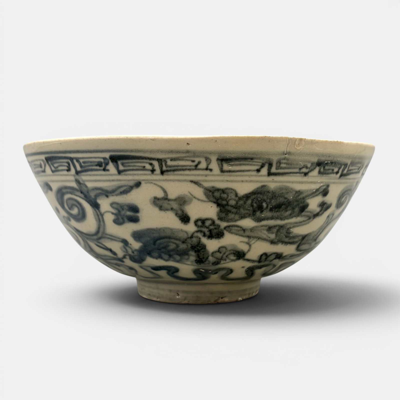 Ming Blue and White Bowl: Late Ming, a slightly larger bowl with body decoration, a "prosperity" four character mark to underside within a double ring. Ht. 3.25", diameter 7.25".