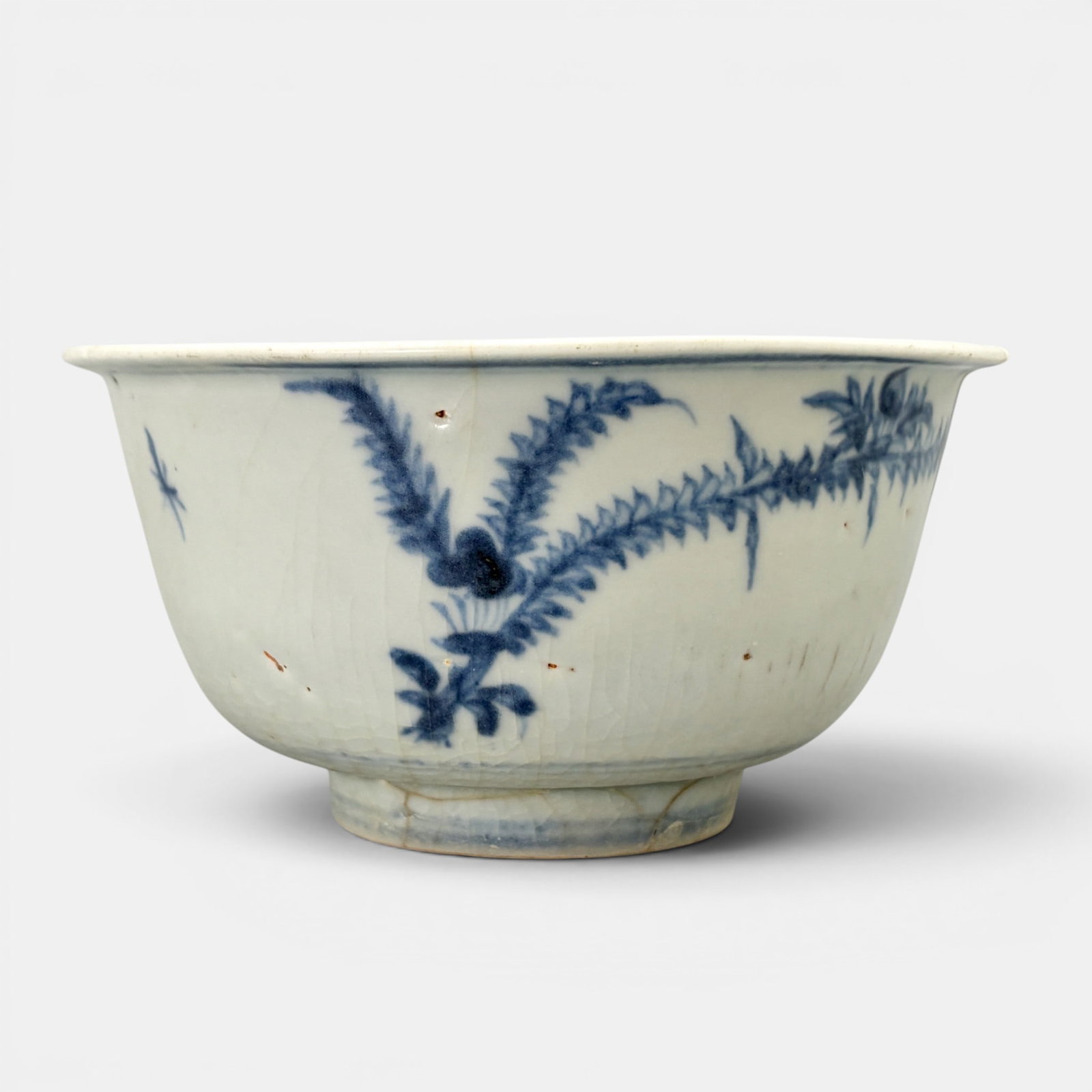 Ming Blue and White Bowl: Interior with crane, exterior with single leafy flower. Ht. 2.75", diameter 5".