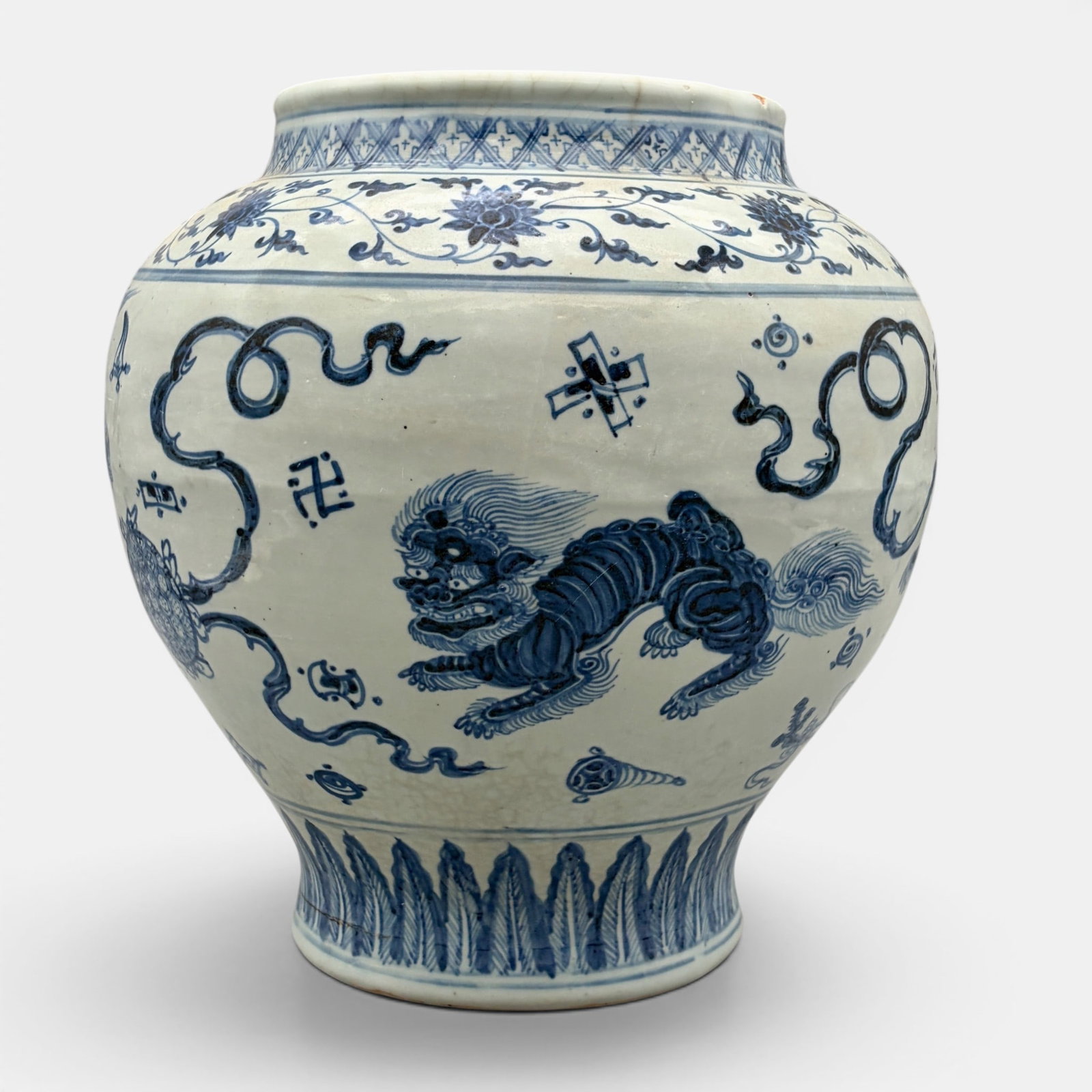 EXHIBITED: Ming Blue and White Guan Jar: This example was fig. 107 in the 1982 exhibit "Shadow of the Dragon: Chinese Domestic and Trade Ceramics", held at the Columbus Museum of Art, and authored by Kamer Aga-Oglu. Her entry essay: Porcelai