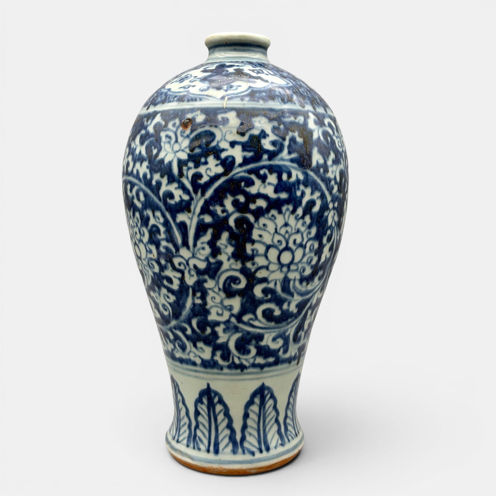 Ming Blue and White Meiping Vase: Ming period, meiping form with acanthus and floral body, the shoulder separated to 3 reserves with galloping animals, heavily decorated. Ht. 12.25".