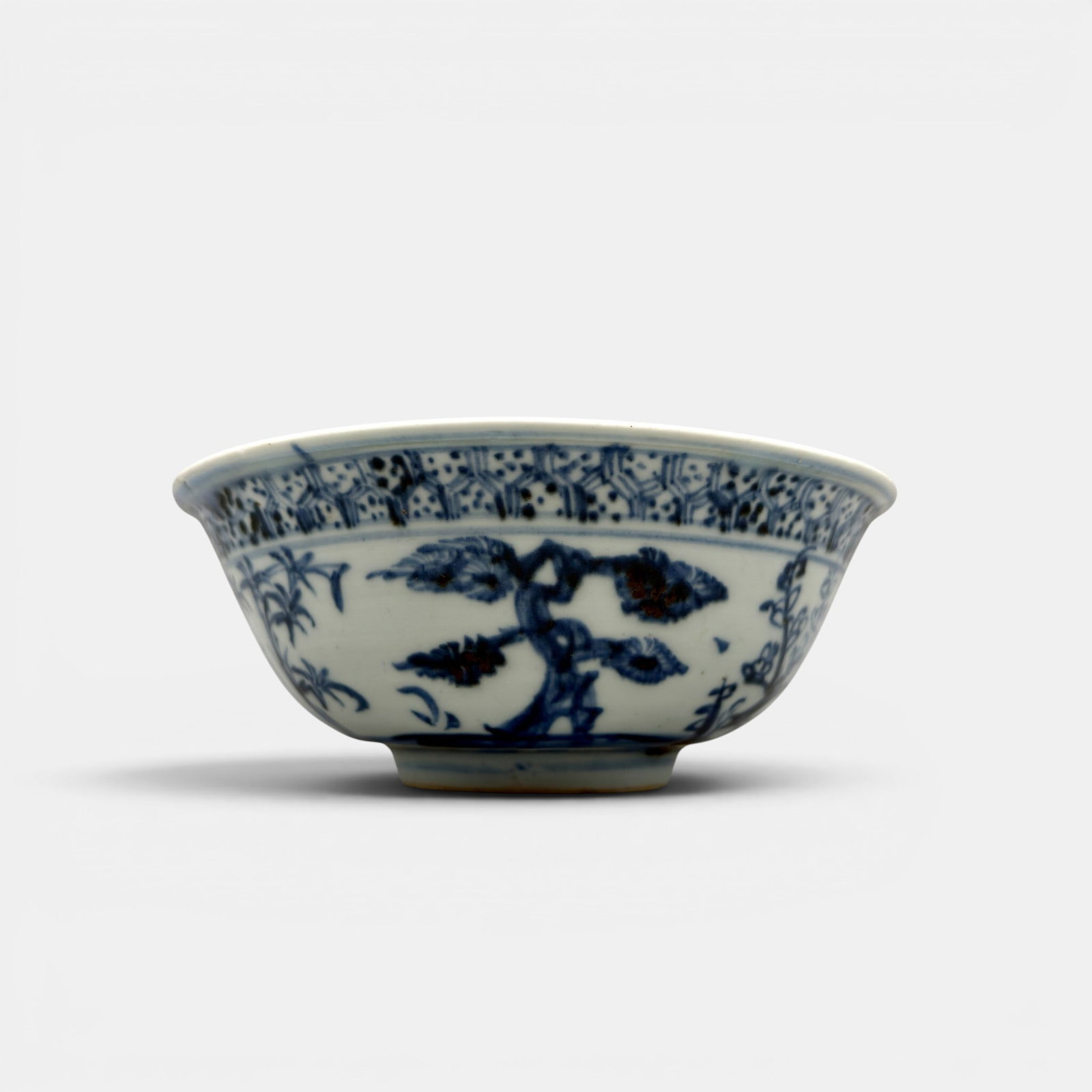 Ming Blue and White Porcelain Bowl: Porcelain with underglaze blue decoration. Bowl is the same shape and design as the previous lot. The "Three Friends Rock" is painted twice in its entirety to the outside. The inside design including 