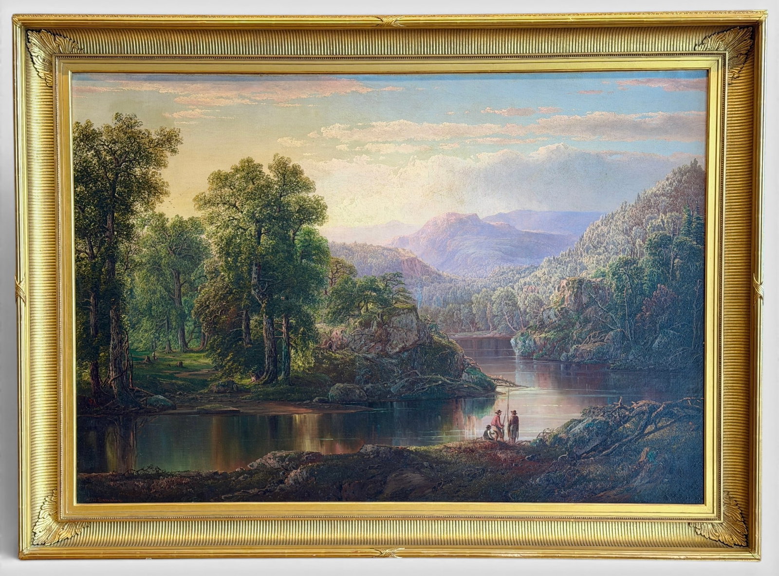 William Louis Sonntag (American, 1822-1900): William Louis Sonntag Signed lower left by the artist Oil on canvas Titled "Landscape with Fishermen" Circa 1860 With Hollis Taggart Galleries (New York) and Patricia Weiner Gallery (Cincinnati) label