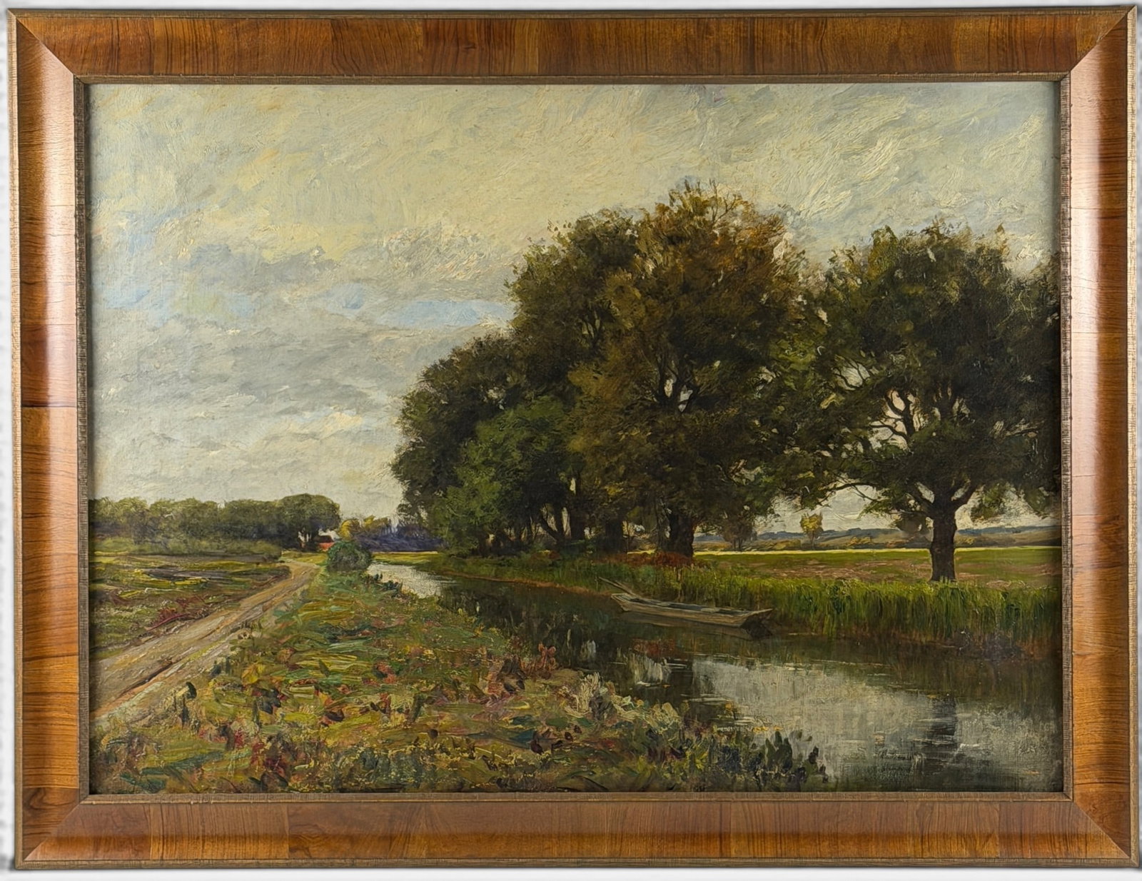 Lewis Henry Meakin (American, 1850-1917): An oil on canvas work by Meakin depicting the French countryside. Unsigned, but accompanied by folder from the A.B. Closson Co. with artist information. Sight size: 23.5" ht. x 32.5" wd., framed size: