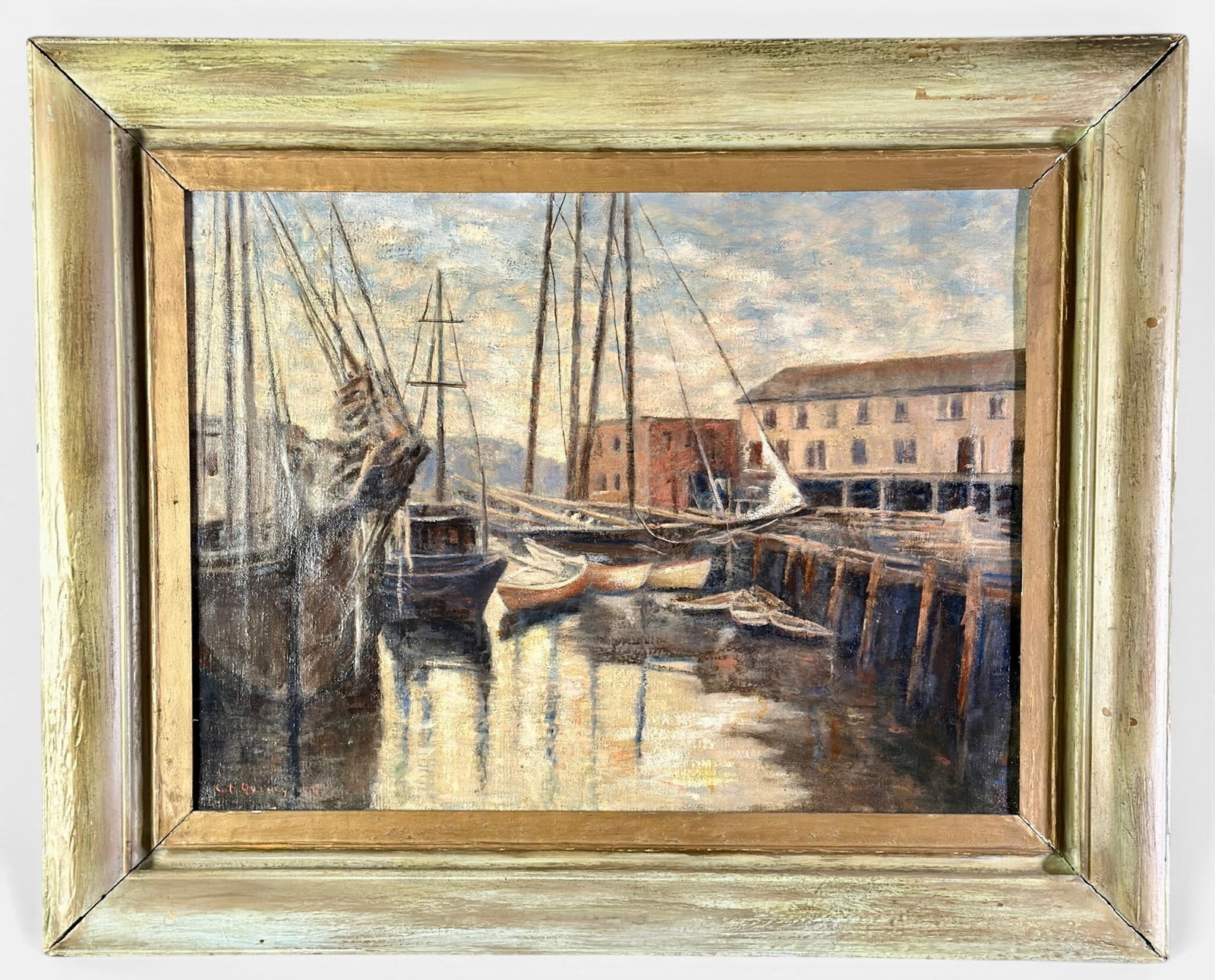 "Tug Boat" by C.B. Quincy, CIncinnati Art Club Label, 1917: C.B. Quincy (American/Cincinnati, 20th century). Oil on canvas, signed and dated 1917 l.l., with a Cincinnati At Club exhibit label to verso, containing title. Interestingly, no records of this Quincy