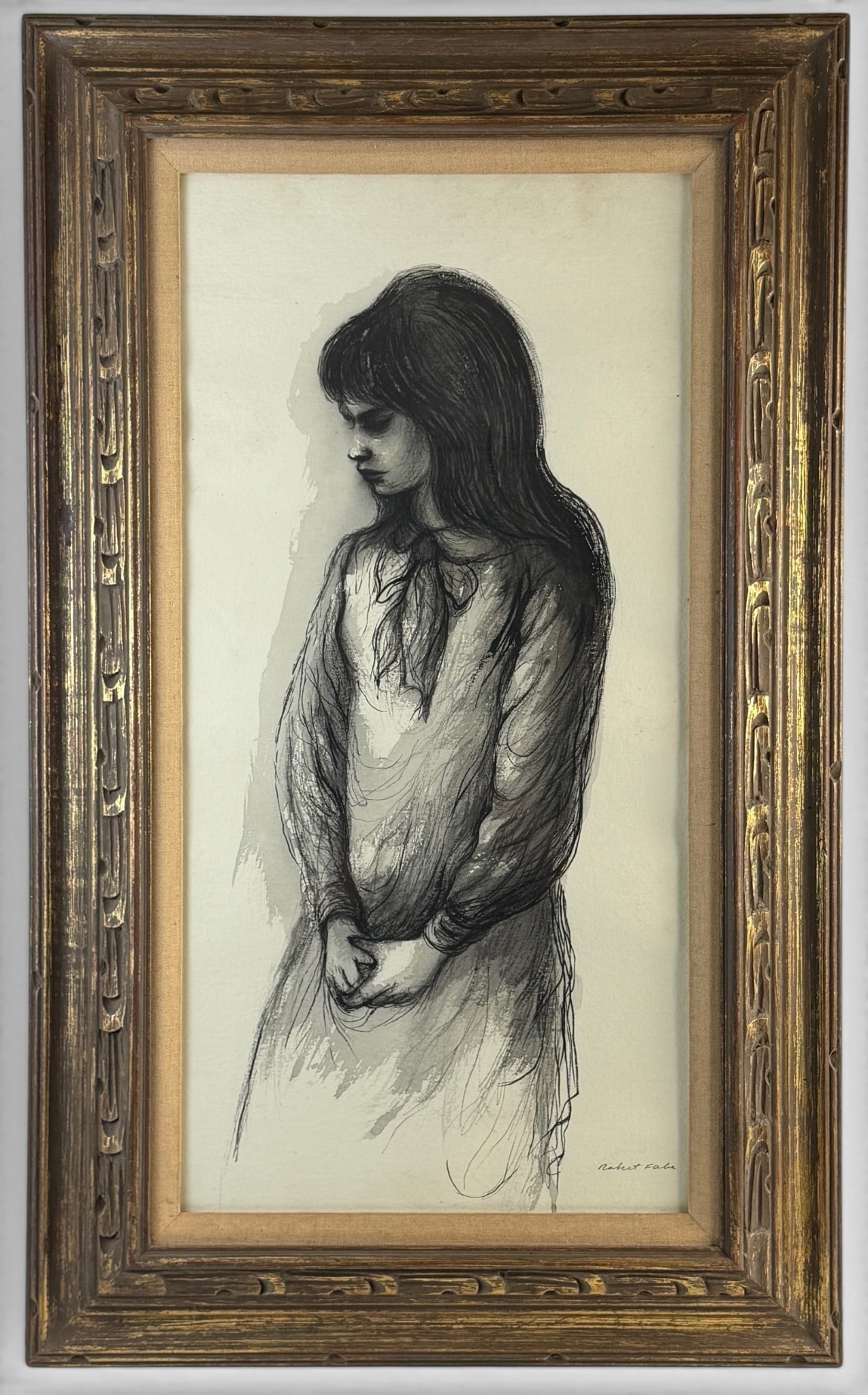 Ink & Wash Portrait by Robert Fabe: Robert Fabe (American/Cincinnati, 1917-2004). Ink and wash on paper, signed l.r., and with artist's label to verso. 30" x 14.5" (sight).