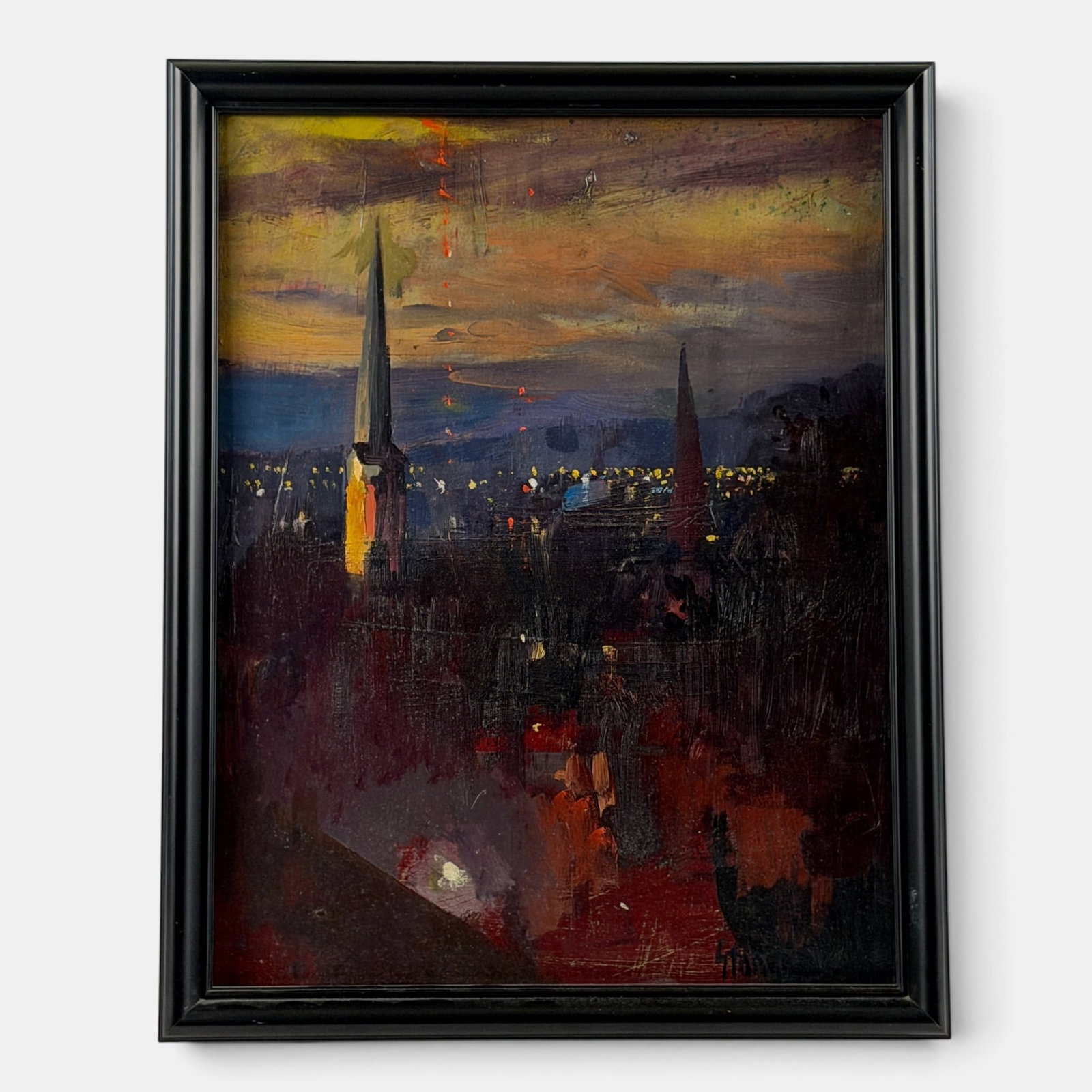 "Over the Rhine" by Greg Storer: Greg Storer (American/Ohio, 20/21st Century). Oil on board, signed l.r., a nocturnal view of Over the Rhine, the northern downtown neighborhood in Cincinnati. Inscribed by artist to verso. 14" x 11" (