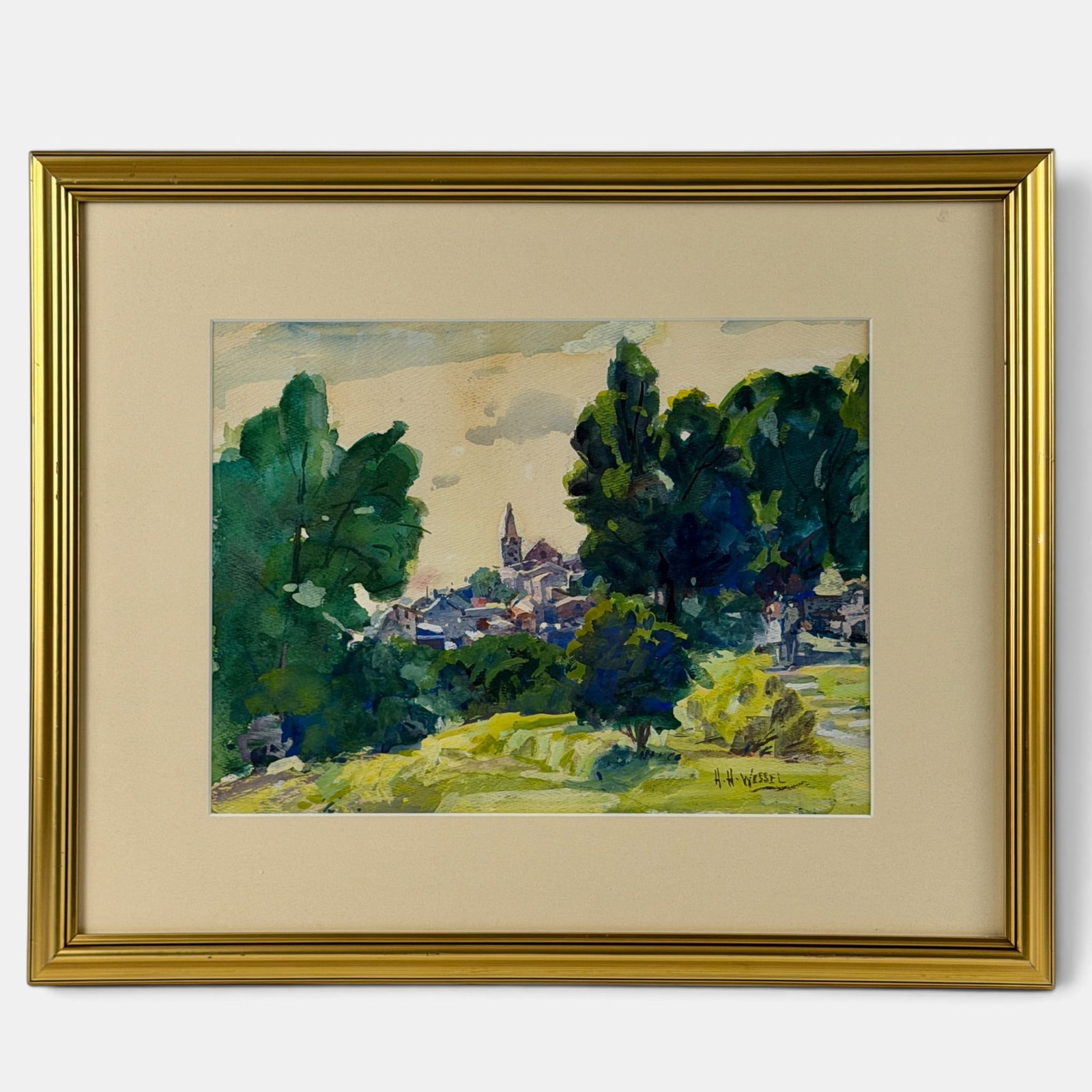 Herman Henry Wessel, View of Mount Adams: Watercolor on paper. Titled on the back "View of Mt. Adams from Eden Park". Sold by Closson's, Cincinnati with orignal label. Signed lower right. Sight size: 10.25" ht. x 14" wd., framed size: 17.5"