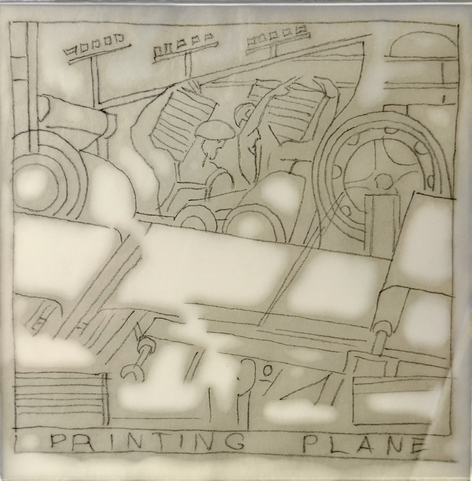 "Printing Plane" Sketch by WInold Reiss: Winold Reiss (American, 1886-1953). Graphite on paper, unsigned. Purchased from Michael Lowe Gallery, Cincinnati, from Reiss' sketchbook of Union Terminal designs. 5.5" x 5.5" (sight), 21" x 17" (fram