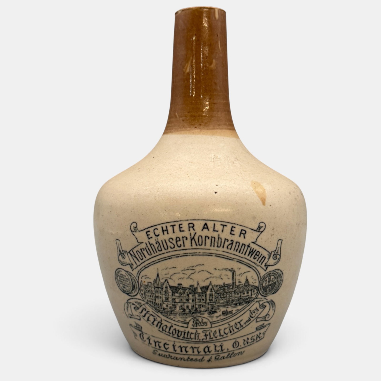 Two color 1/4 gallon jug, Mahalovitch, Fletcher and Coy, Cincinnati, OH: Two color 1/4 gallon spirits jug made for Mahalovitch, Fletcher and Coy wine and spirit merchants in Cincinnati. Printed on front of the vase is "Echter Alter Nordhauser Kornbranntwein" which translat