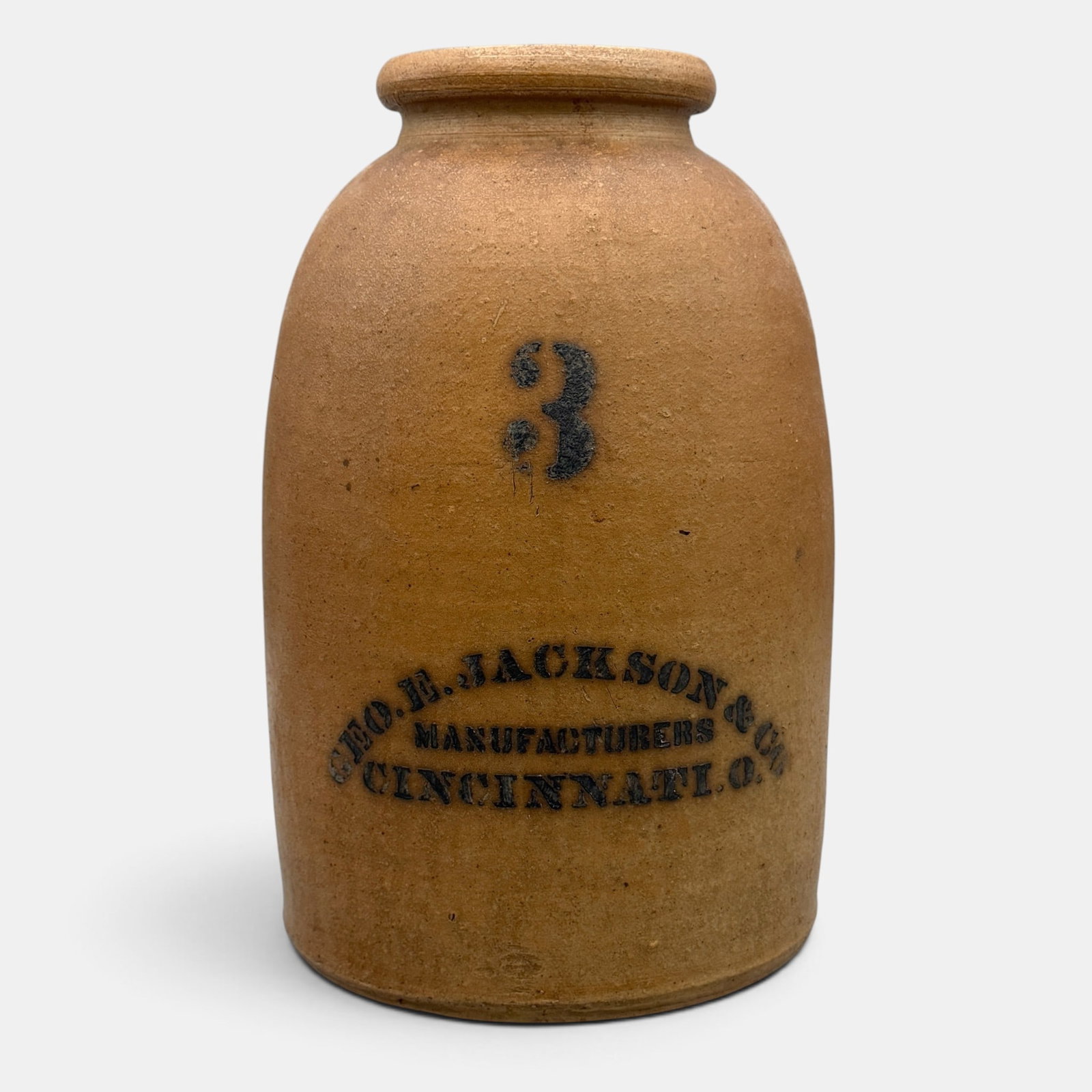 Cincinnati 3 Gallon Jug, Geo. E. Jackson and Co.: 3 Gallon storage jar made by "Geo. E. Jackson & Co. Manufacturers Cincinnati. O." Height 14 5/8 inches. Cobalt lettering. From the Jerry Stehlin Collection.