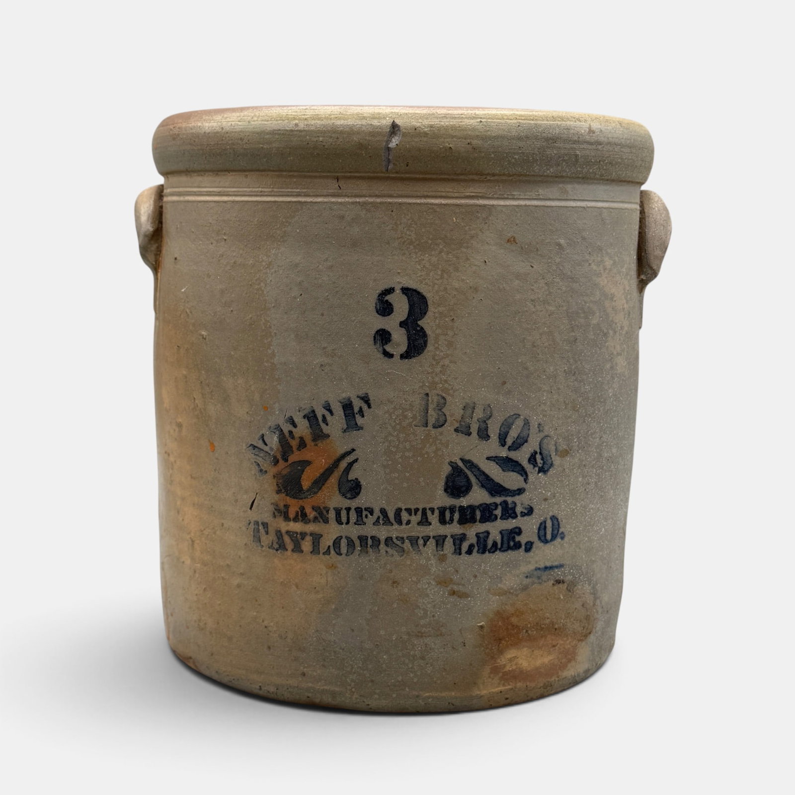 3 Gallon storage jar, Neff Bros, Taylorsville, O.: Neff Brothers, 3-gallon storage jar with two applied handles and cobalt decoration marked "3 Neff Bros. Manufacturer Taylorsville, O. Height 10 3/4 inches. From the Jerry Stehlin Collectionl
