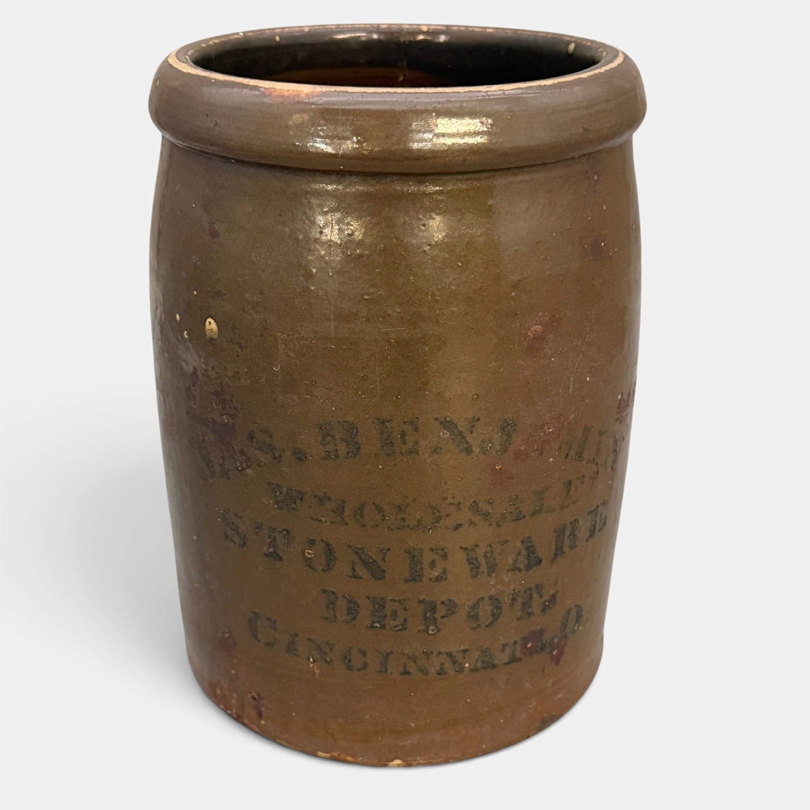 Stoneware storage jar, brown glaze, Jas. Benjamin , Cincinnati, O (1 of 6)