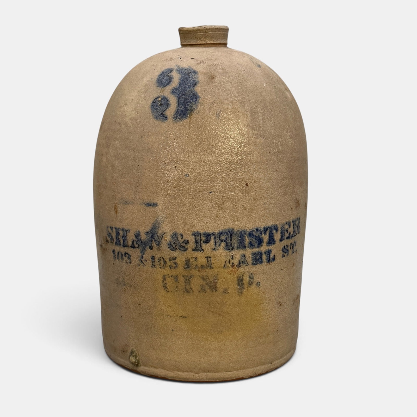 3 Gallon stoneware whiskey jug, Shaw and Phister, Cincinnati: 3 Gallon stoneware whiskey jug. Printed in cobalt "Shaw & Phister 103 & 105 E.I. Earl St. Cin.O. Height 15 1/8 inches, diameter 9 3/4 inches. From the Jerry Stehlin Collection.
