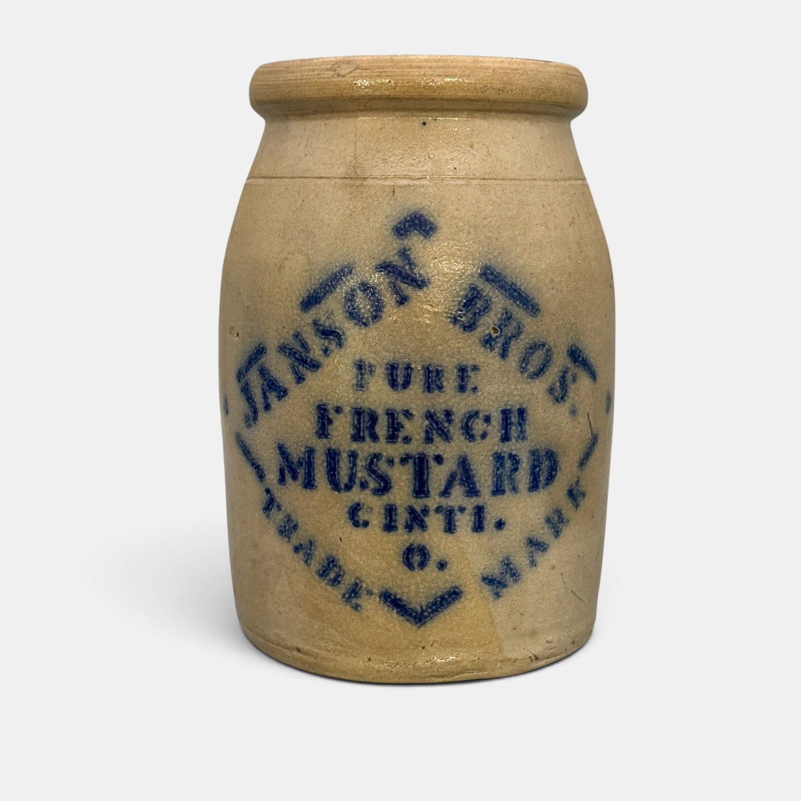 Janson Brothers French Mustard storage jar: Janson Brothers storage jar. Printed "Janson Bros Pure French Mustard Cinti. O Trade Mark" in cobalt. Height 9 3/4 inches. From the Jerry Stehlin Collection.
