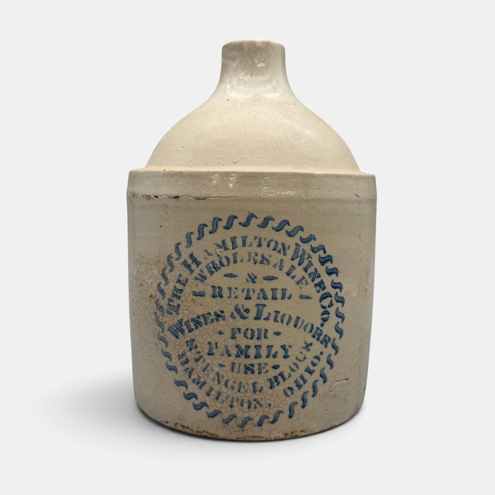 Whiskey jug, The Hamilton Wine Co. Hamilton, Ohio.: Whiskey jug, The Hamilton Wine Co. Hamilton, Ohio.