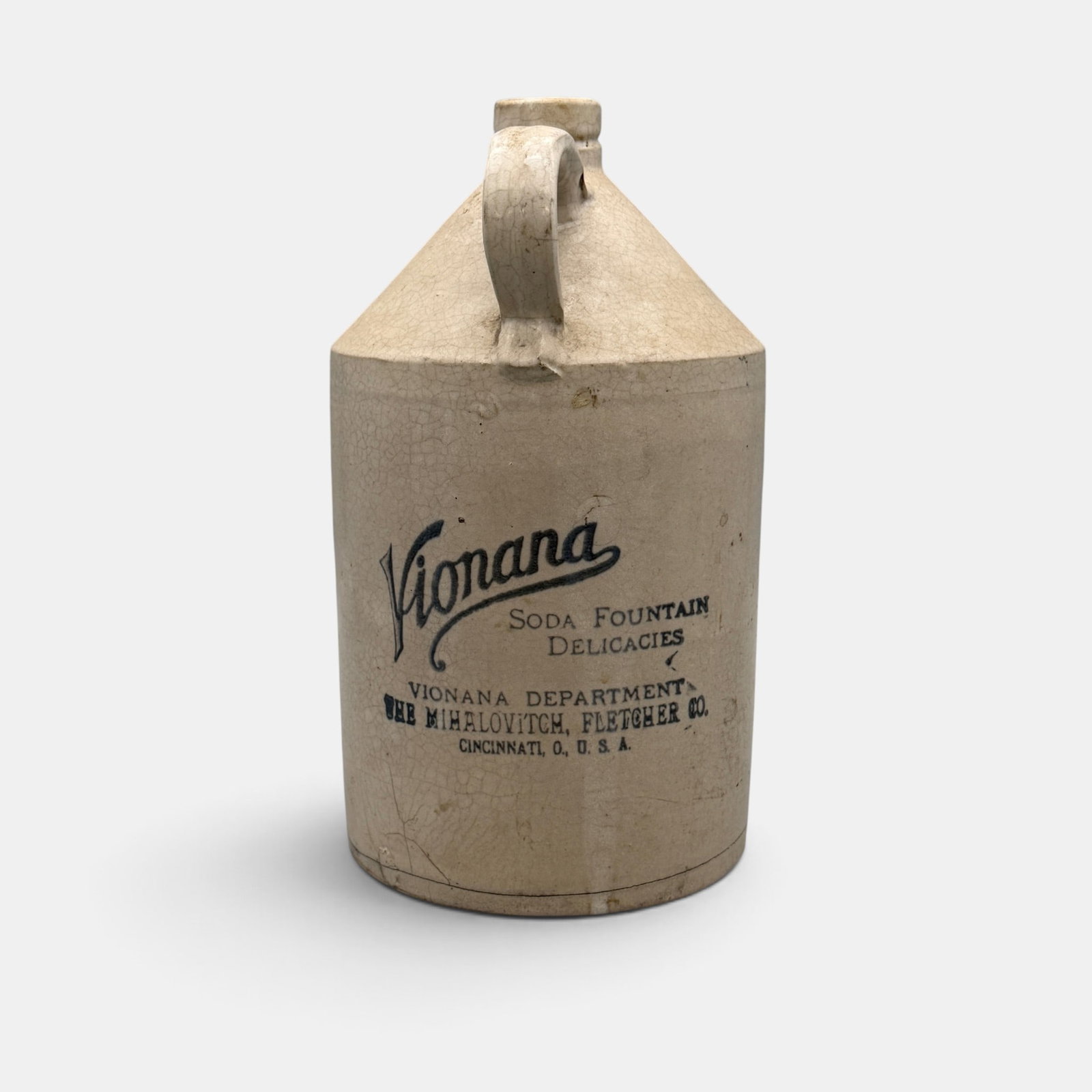 Cincinnati Ceramic Jug, Vionana Soda Fountain Delicacies.: Jug made for Vionana Soda Fountain Delicacies, the Vionana Department of The Mihalovitch, Fletcher Co. Cincinnati, OH. Height 11 3/4 inches. From the Jerry Stehlin Collection.
