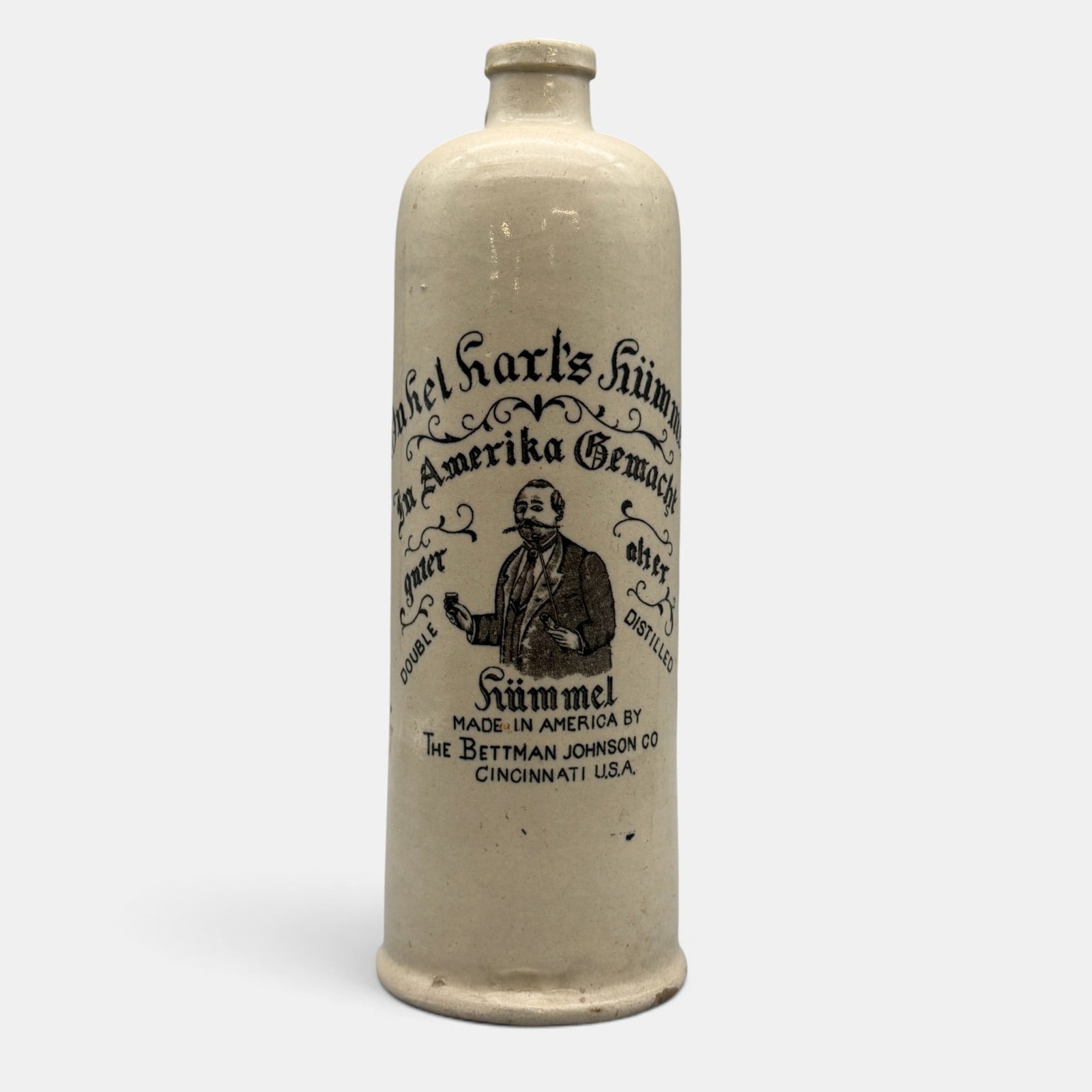 Stoneware container for Uncle Karl's Kummel, The Bettman Johnson Co, Cincinnati USA.: Stoneware jug made for Onkel Karl's Kummel (Uncle Karl's Kummel, a a sweet liqueur flavored with caraway and cumin seeds) also marked An Amerika Gemacht, guter alter, double distilled Kummel, Made in 