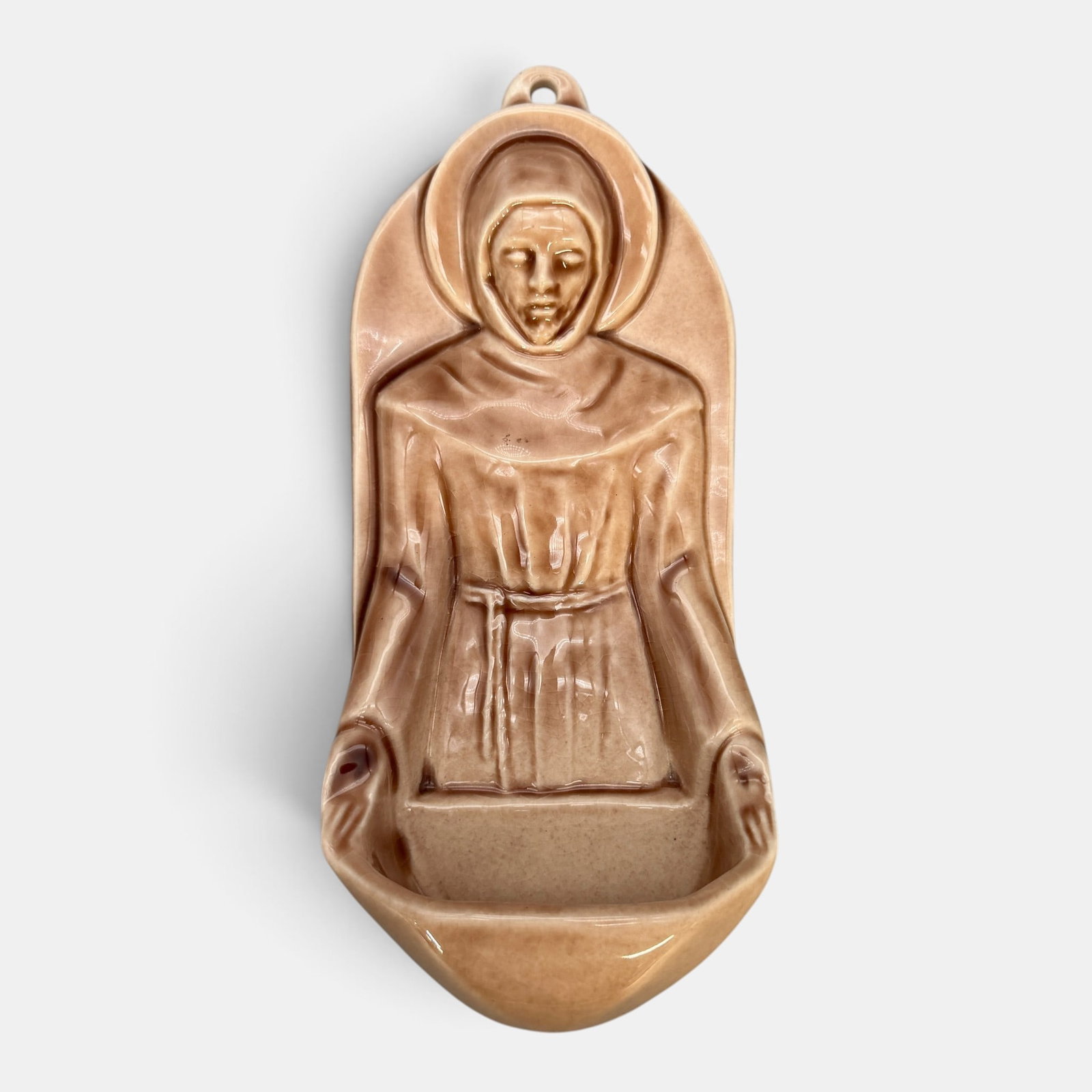 Rookwood St. Francis holy water font, 1946: Rookwood St. Francis holy water font, a Clotilda Zanetta design done in 1946. Impressed Rookwood logo, XLVII, Shape number 6975. Height 8 3/4 inches.