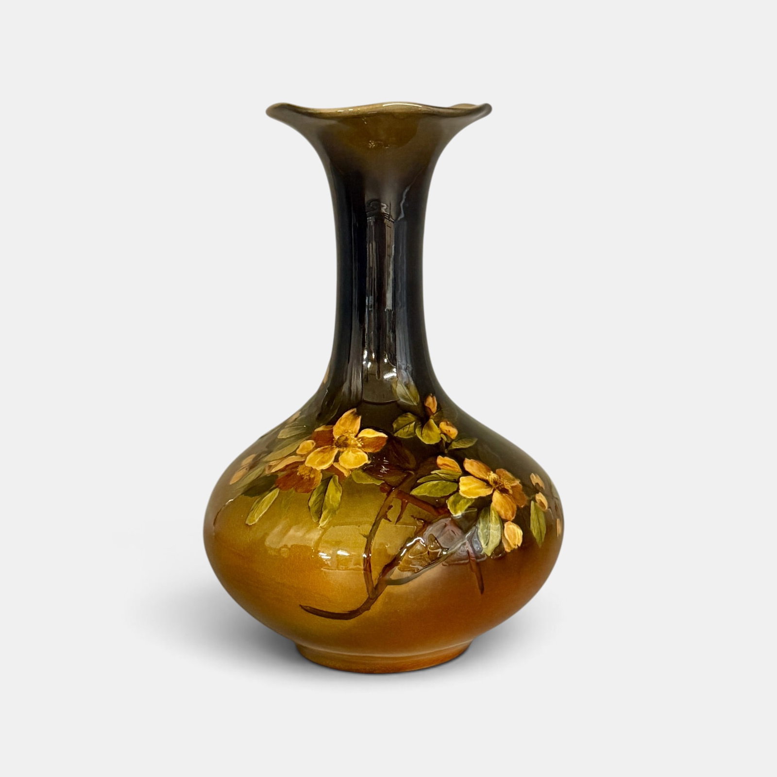 Rookwood Standard glaze, wild roses, Perkins, 1893: Rookwood Standard glaze vase, colorful wild rose decoration done by Luella Perkins in 1893. Impressed Rookwood logo with 7 flames, Shape number 537, W for white clay. Incised MLP monogram with L for l