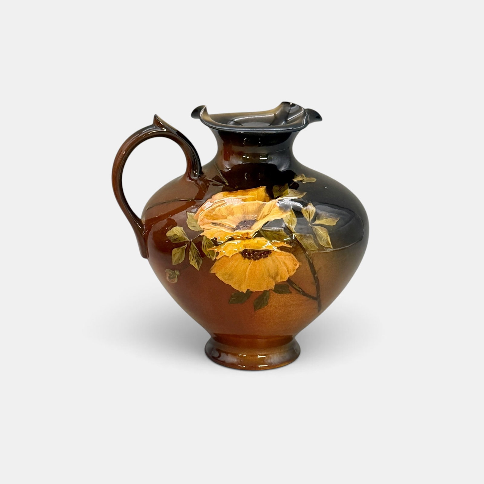 Rookwood Standard glaze ewer, roses, Nourse, 1892: Rookwood Standard glaze ewer with beautifully painted yellow roses, the work of Mary Nourse in 1892. Impressed Rookwood logo with seven flames, Shape number 498 B, W for white clay. Incised MN/L for