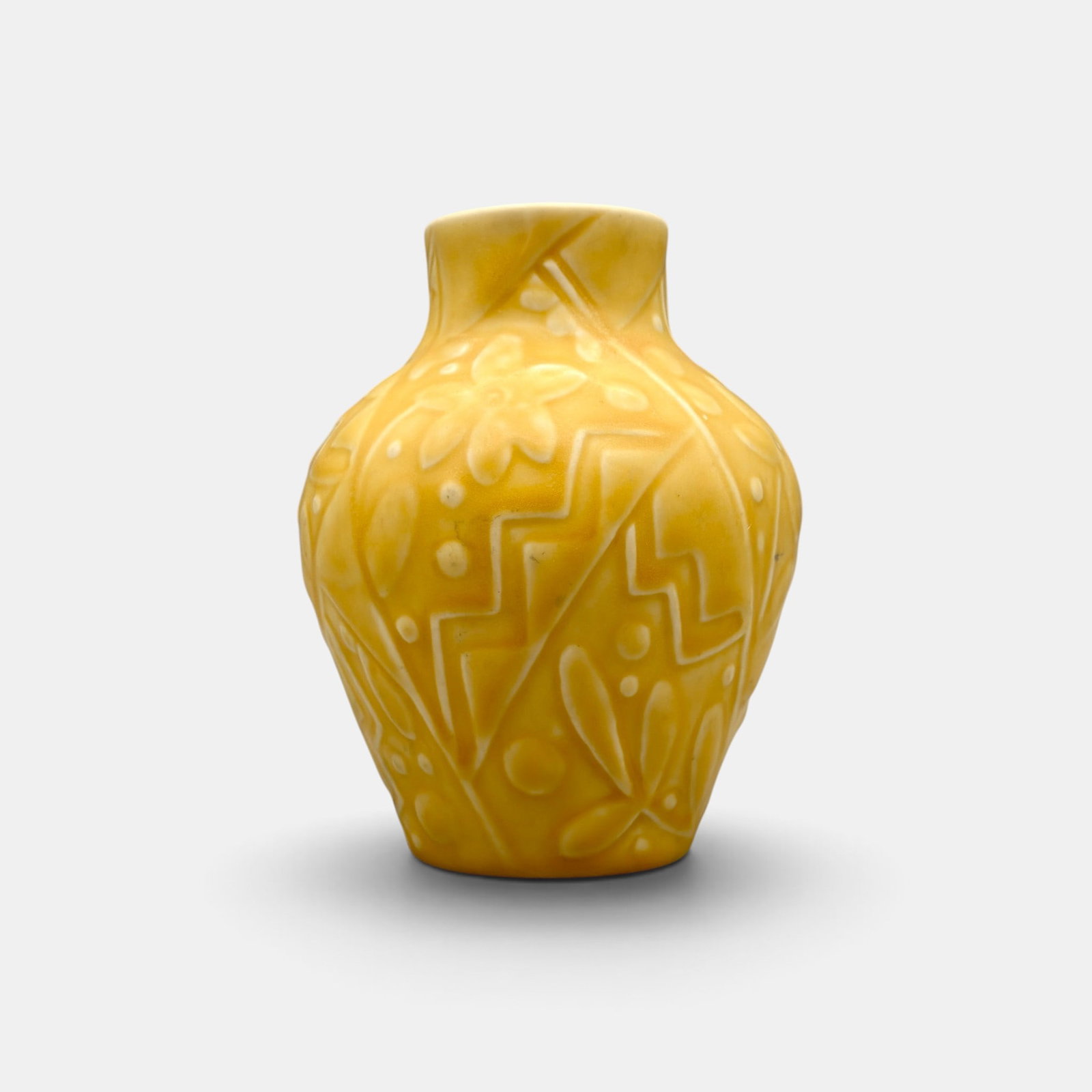 Rookwood yellow mat production vase, Art Deco flowers, 1937: Rookwood yellow mat glaze production vase, a Wilhelmine Rehm design with Art Deco flowers done in 1937. Impressed Rookwood logo, XXXVII, Shape number 6109. Height 4 5/8 inches.