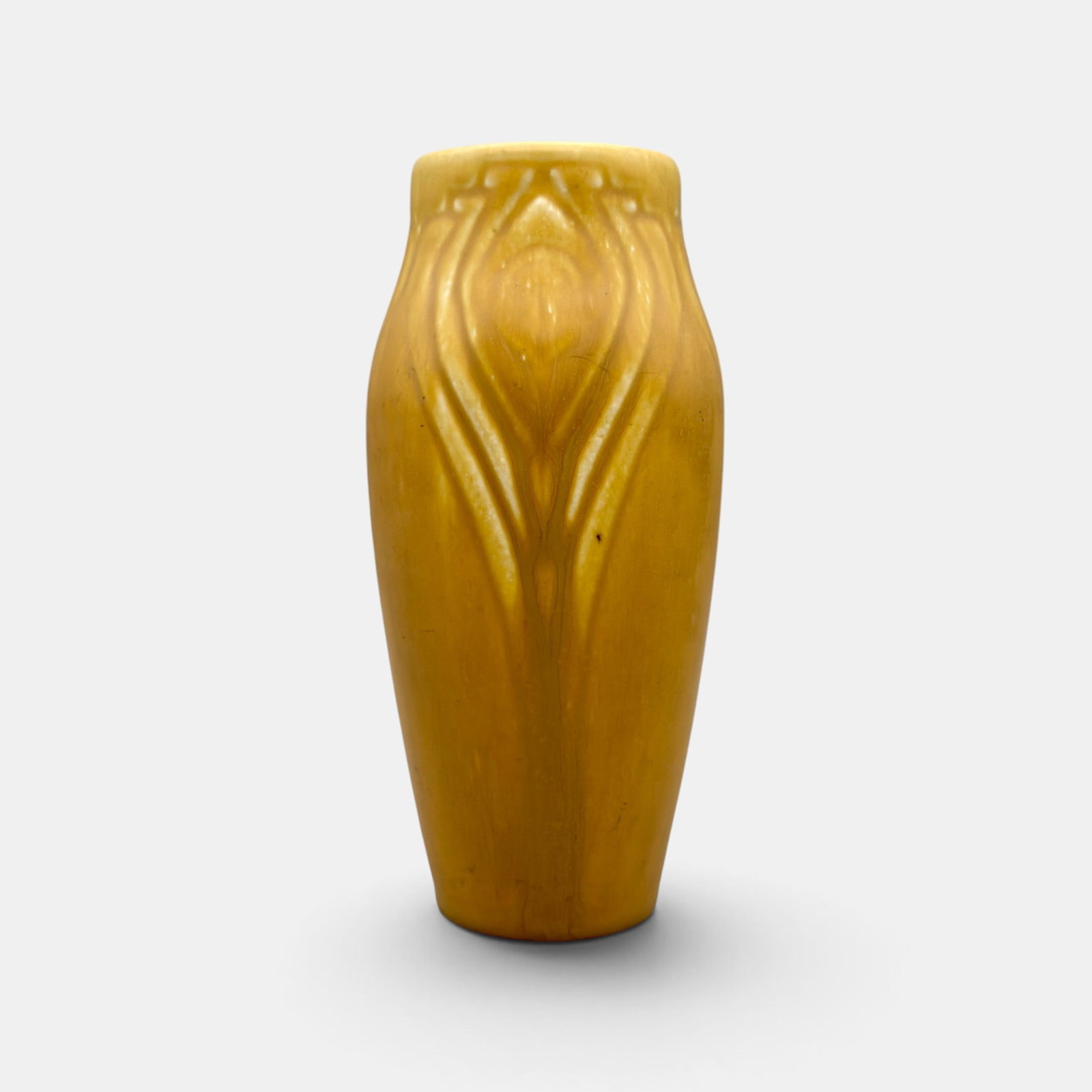 Rookwood yellow mat production vase, peacock feathers, 1919 (1 of 4)