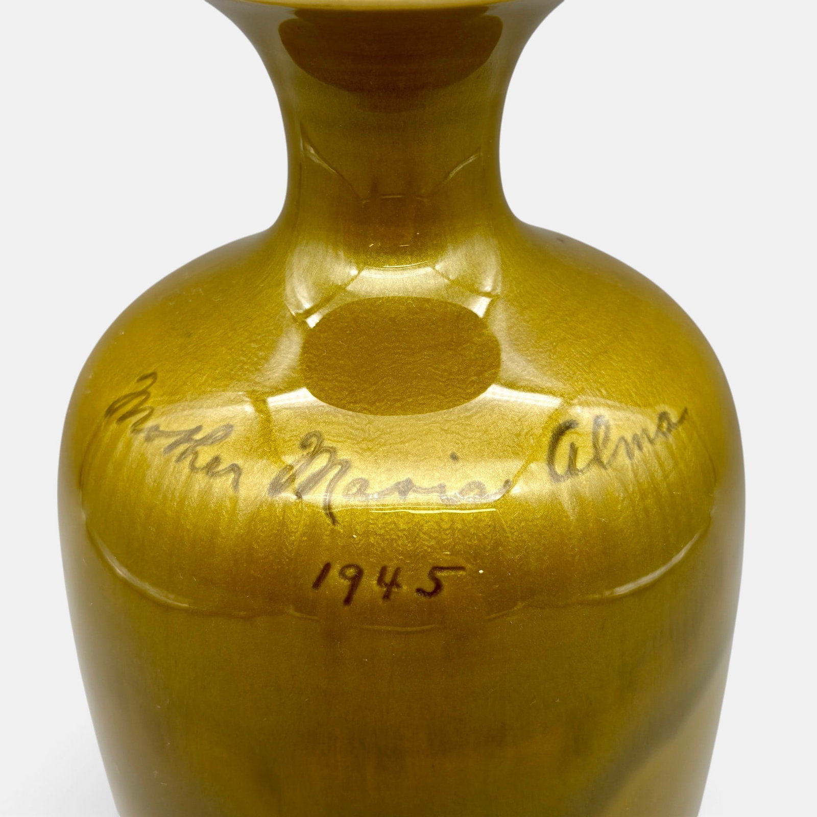 Rookwood Aventurine glaze vase made for Mother Maria Alma in 1945: Rookwood vase with strong Aventuring glaze made as a souvenior for Mother Maria Alma whose name and the date, 1945 are incised on the shoulder. Impressed Rookwood logo, XLV, S for Specal shape.
