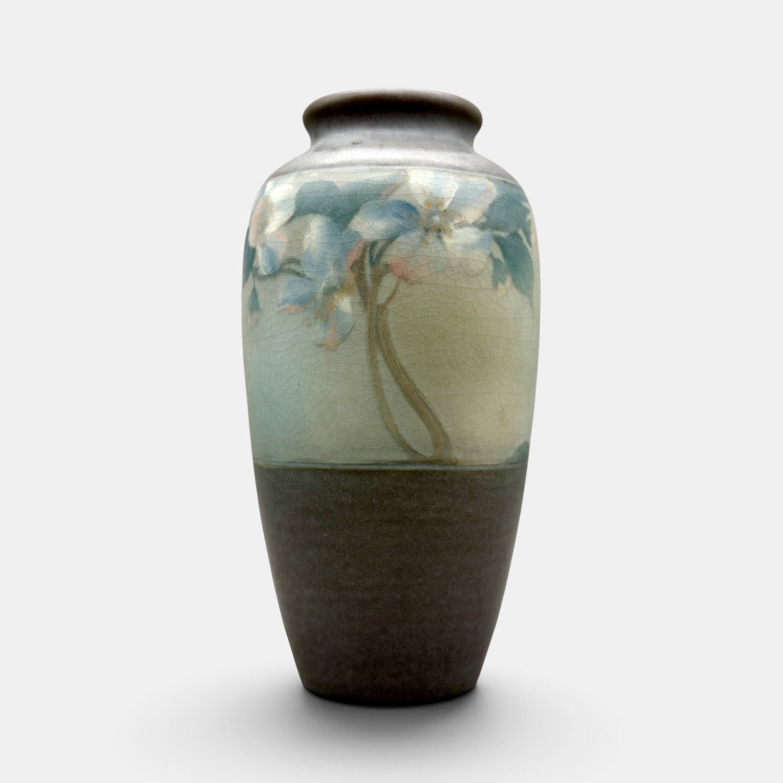 Rookwood Vellum with Cherry Blossoms, Diers, 1907: Rookwood Vellum vase with cherry blossoms painted by Ed Diers in 1907. Impressed Rookwood logo, VII, Shape number 922 C, V. Incised ED and V. Height 9 1/8 inches.
