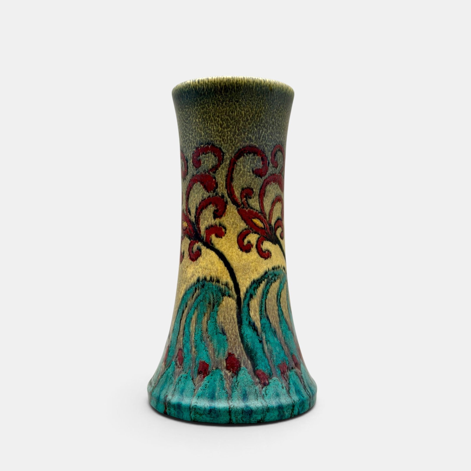 Rookwood Decorated Mat, Abel, 1922: Very Colorful Decorated Mat vase with exotic floral work done by Louise Abel in 1922. Impressed Rookwood logo, XXII, Shape number 1358 D. Painted Abel monogram in black slip. Height 8 7/8 inches.