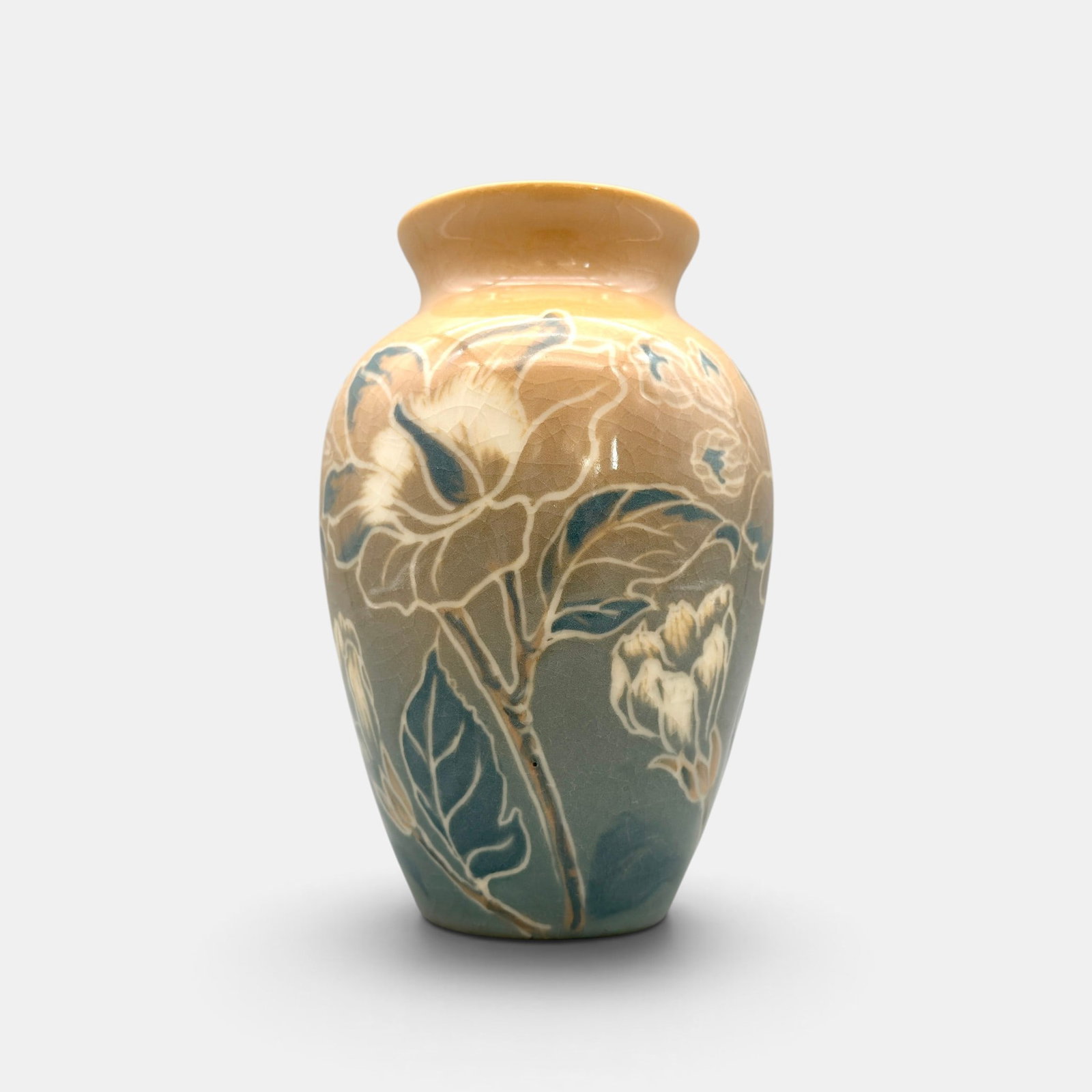 Rookwood Design Crystal, Helen McDonald, 1946: Rookwood Design Crystal vase with bold flowers, leaves and stems outlined in white. Impressed Rookwood logo, XLVI, Special Shape S. Incised MHM monogram. Height 6 3/4 inches.