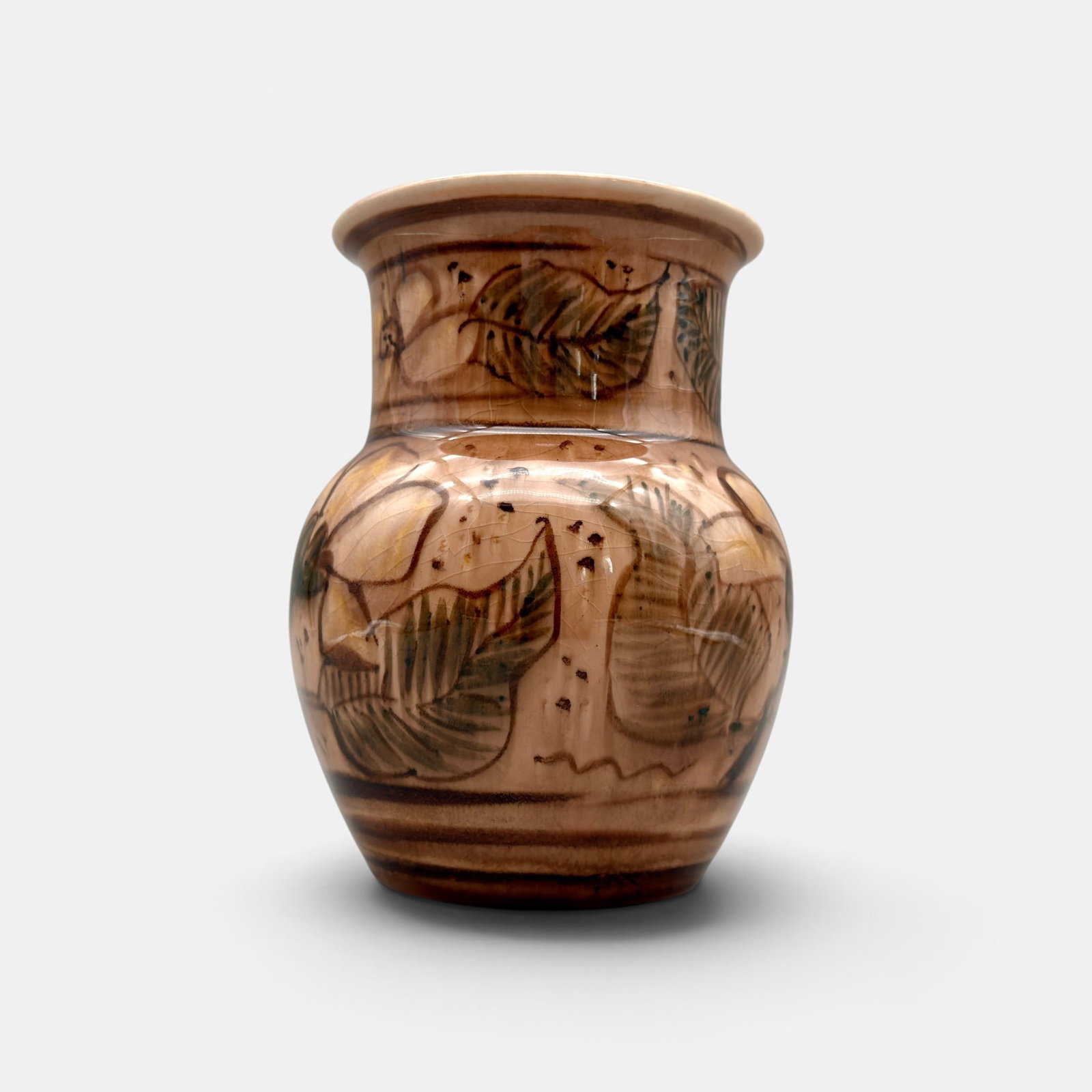 Rookwood Design Crystal vase, Jensen, 1944: Rookwood Design Cryatal vase with leaves and flowers done by Jens Jensen in 1944. Impressed Rookwood logo, XLIV, Shape number 6315. Painted Jensen monogram in brown slip. Wheel Ground line. Height 6