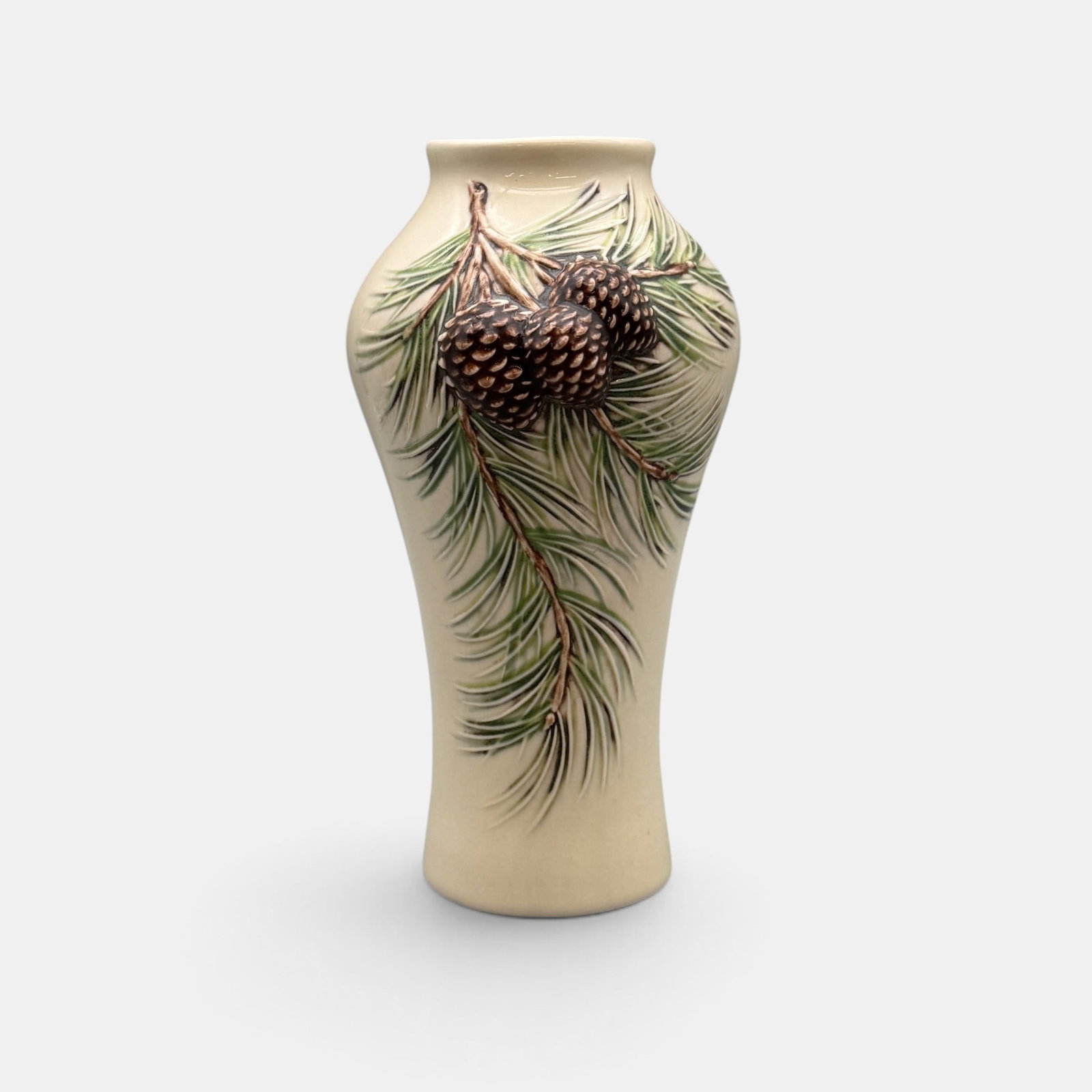 Newer Rookwood hand colored Pine Cone Vase, 1915: Newer Rookwood pine cone vase with hand coloring. Impressed Rookwood logo, MMXV, shape number 10002. Height 9 3/4 inches.