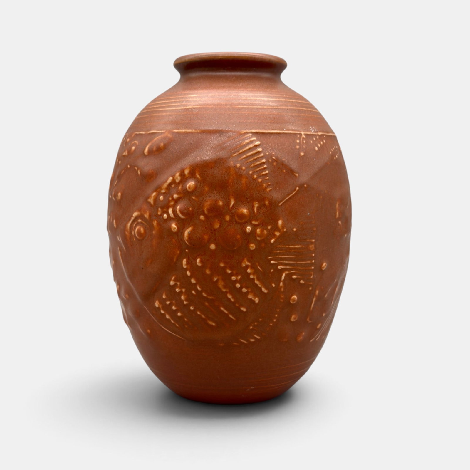 Weller Louwelsa vase, orange flowers: Weller Louwelsa vase with bright orange flowers. Impressed Louwelsa Weller 557. Height 6 3/4 inches.