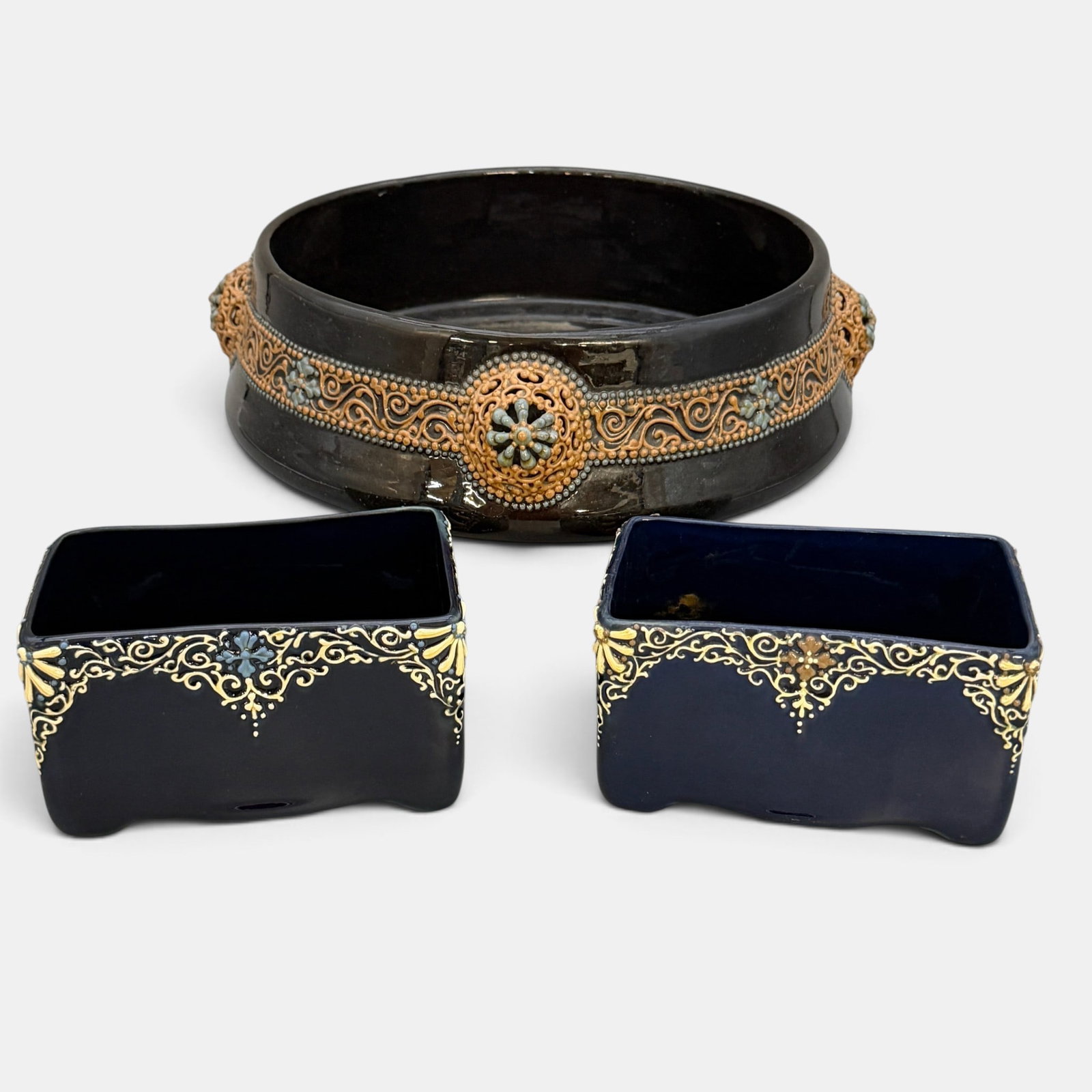 Three Weller Turada Items: Three Weller Turada items. 1. Large bowl with four reticulated cabachons. Two color on dark brown ground. Impressed Turada Weller 347. Height 3 1/2 inches, diameter 10 3/4 inches. 2. Two rectangular