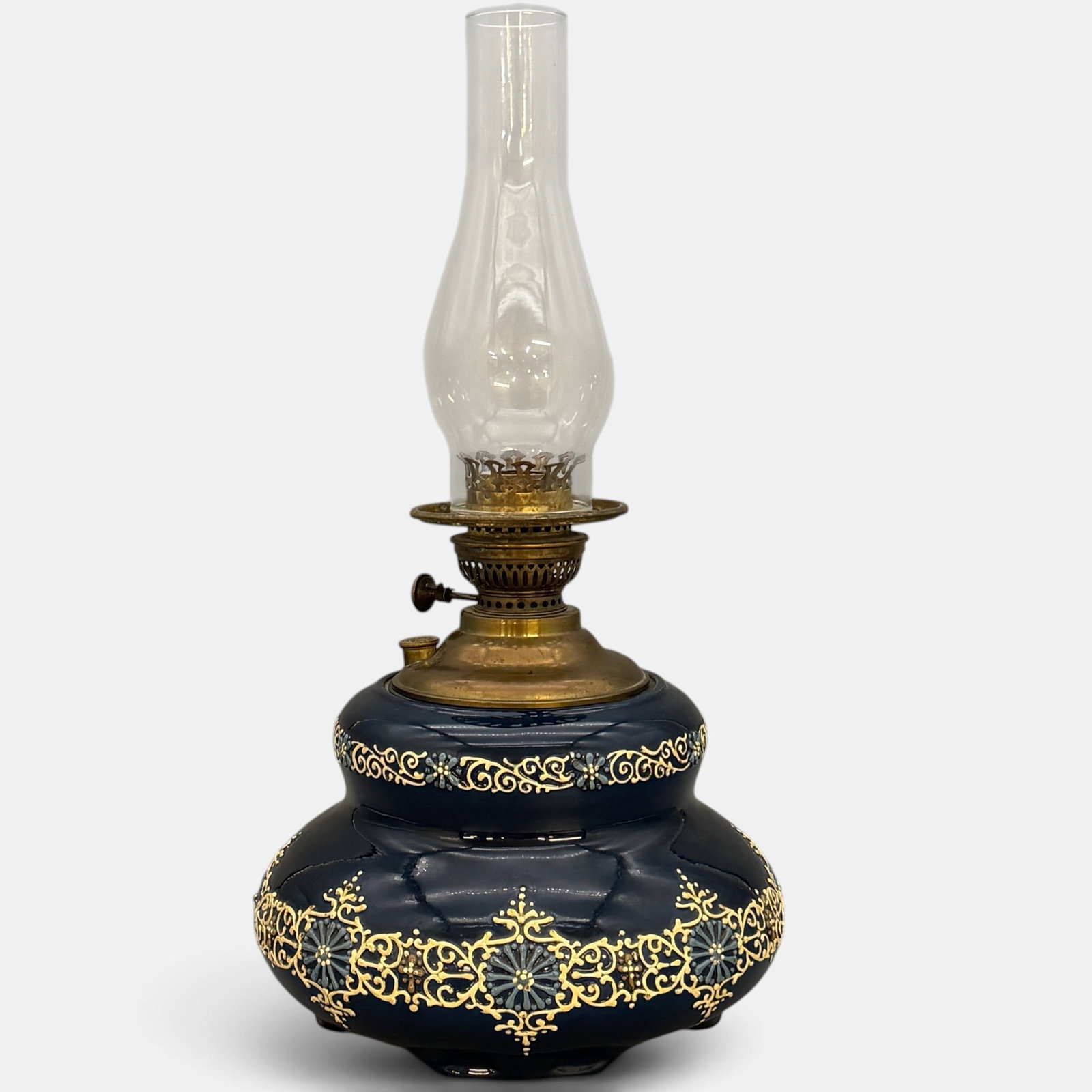 Weller Turada oil lamp, font, burner and chimney.: Two pairs of Roseville Ceramic Design candlesticks, one with twin handles. None are marked.