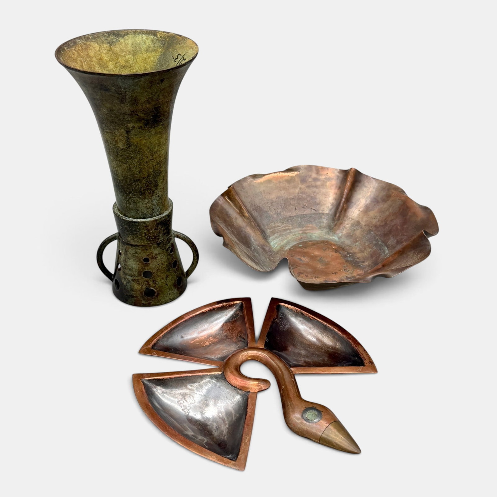 Three Arts & Crafts Brass/Copper Examples: Including a Los Castillos tray, a hammered copper bowl, and a brass vase. Tallest ht. 9".