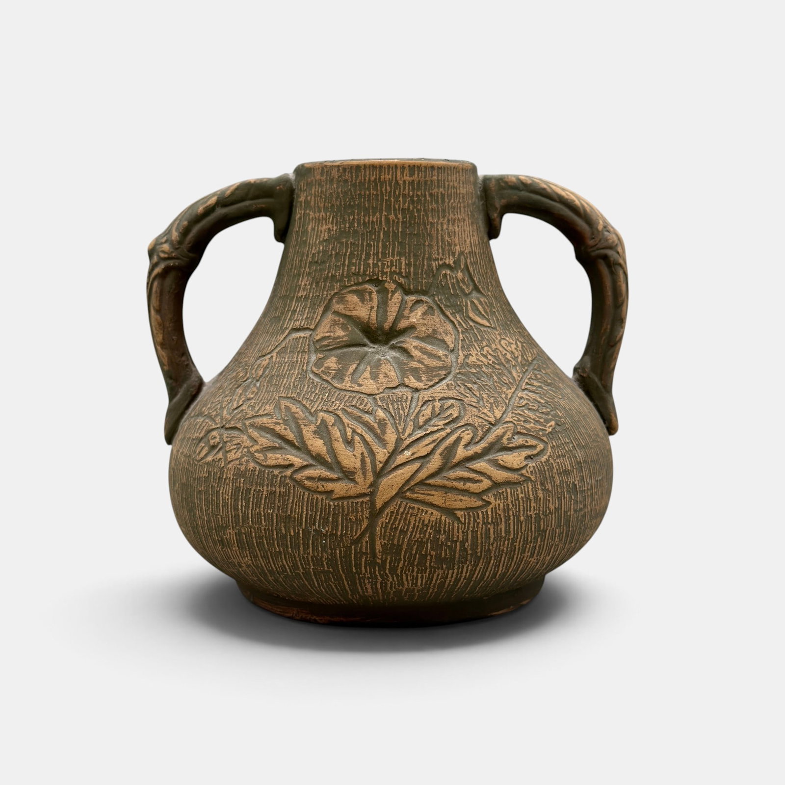 Redwing, Union Stoneware Brushware vase: Redwing Union Stoneware Brushware twin handled vase. Inkstamp Redwing logo. Height 6 1/2 inches.