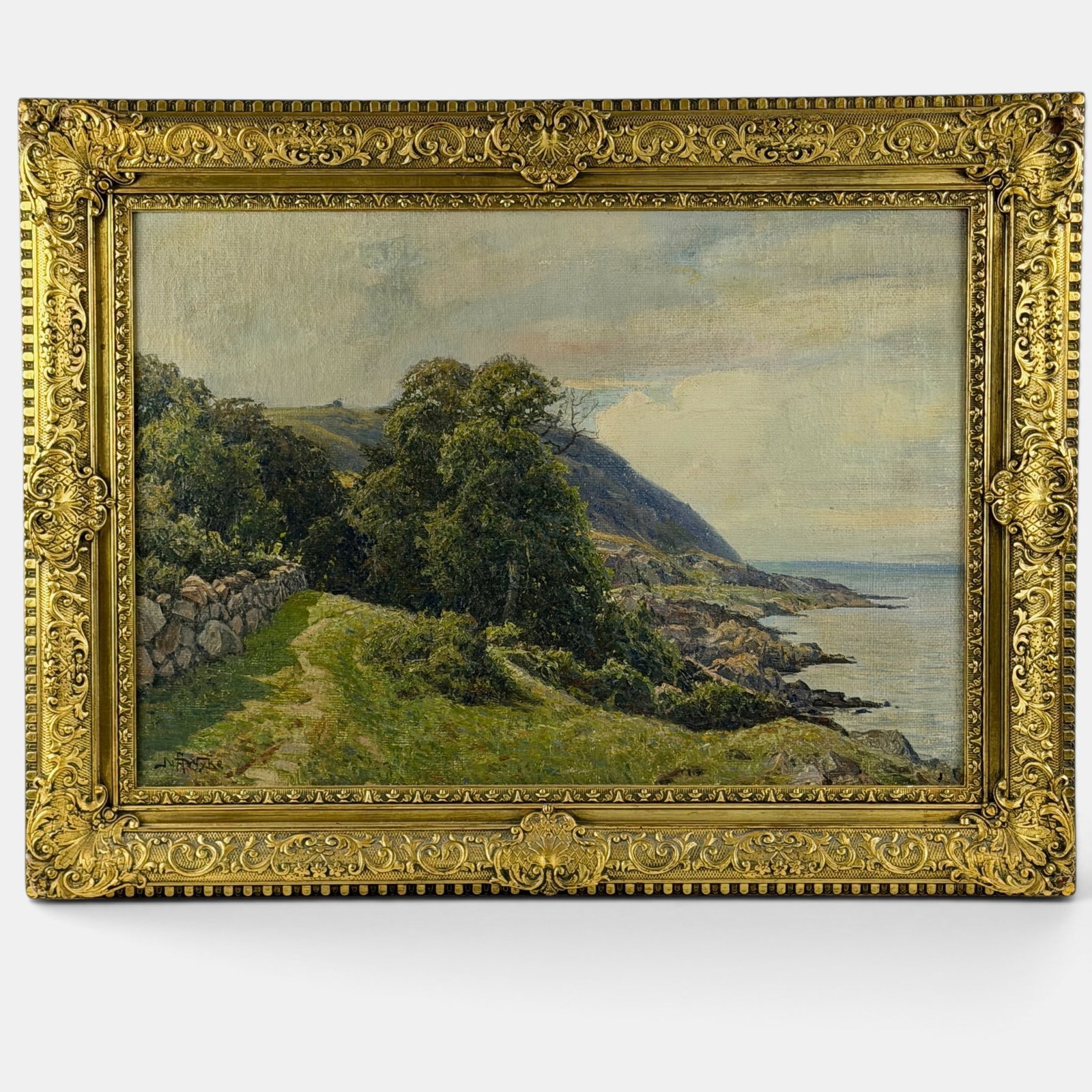 Impressionist Coastal Scene by Nils Wyke: Nils Nilsson Wyke (Swedish, 1868-1937). Oil on canvas, signed l.l., and depicting a loose, sweeping bird's eye view of a coast. Wyke was a preominent member of the Arild Painters, a Swedish group of