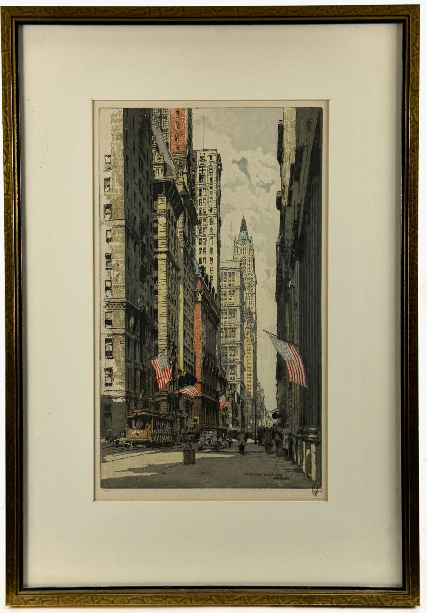 "Broadway, New York" Etching by Hans Figura: Hans Figura (Austrian, 1898-1978). Etching and Aquatint, titled and dated Oct. 11, 1929 in the plate, signed to margin. A rare view of Broadway St. in New York. 17" x 10" (sight), 25" x 17" (framed).